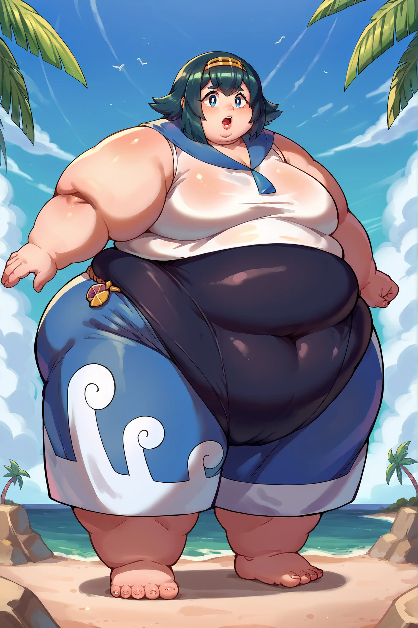 score_9, score_8_up, score_7_up, score_6_up, score_5_up, score_4_up, BREAK source_anime, anime screencap, LanaAnimeXL, 1girl, palm tree, tree, sky, cloud, day, sleeveless, outdoors, hairband, shirt, swimsuit, swimsuit under clothes, solo, blue sailor collar, one-piece swimsuit, sleeveless shirt, sailor collar, white shirt, pants, blue pants, blue sky, :o, bright pupils, open mouth, pokemon \(creature\), giant hands, giant feet, fat, chubby, obese, gigantic arms and legs, gigantic breasts, sagging breasts, full body shot, fat face, chubby face, double chins, big lips