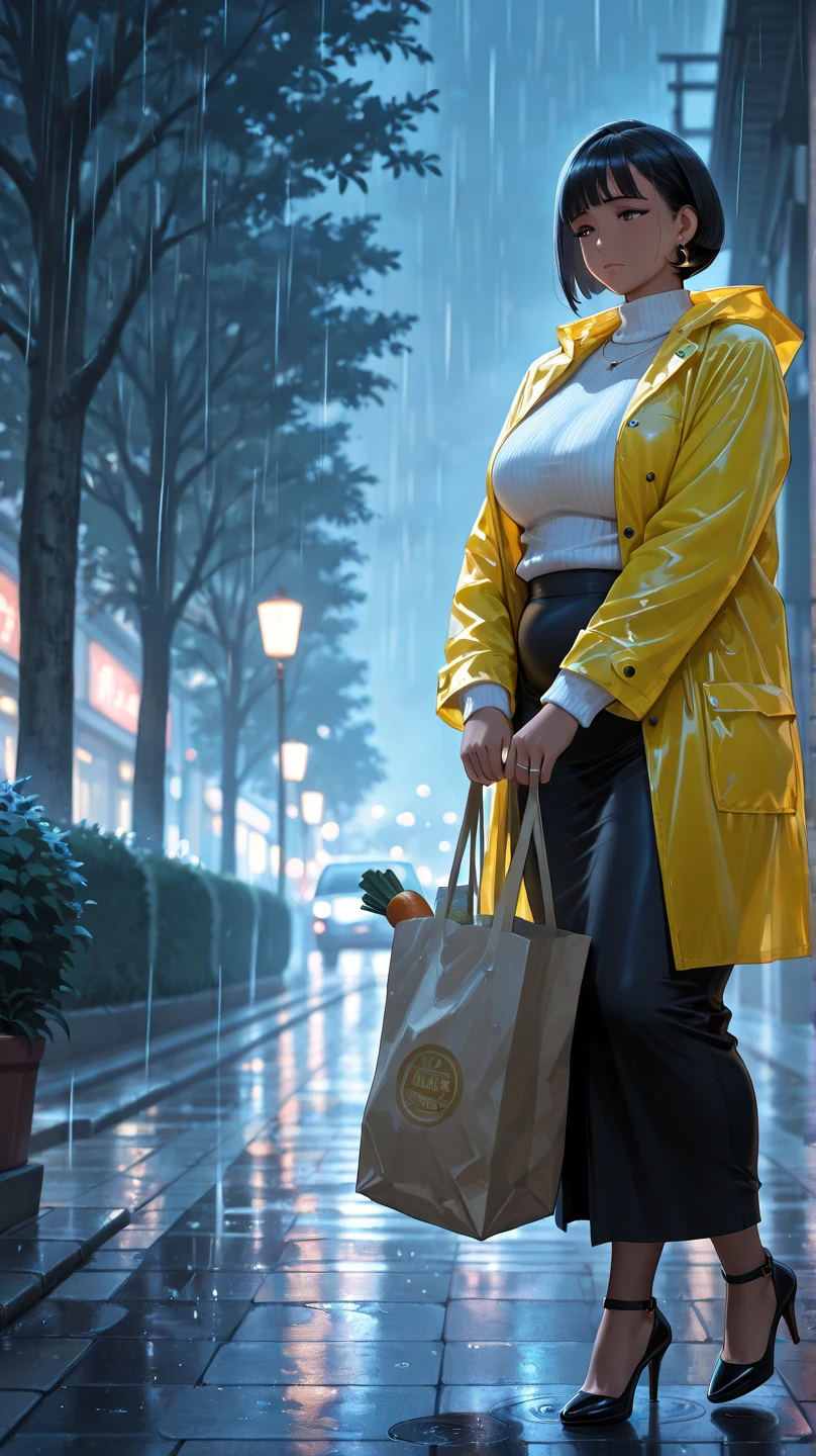 Yellow hood raincoat girl,Back view,Barefoot and barefoot,Accentuates the raincoat gel texture,Accentuates the translucent texture of the raincoat。