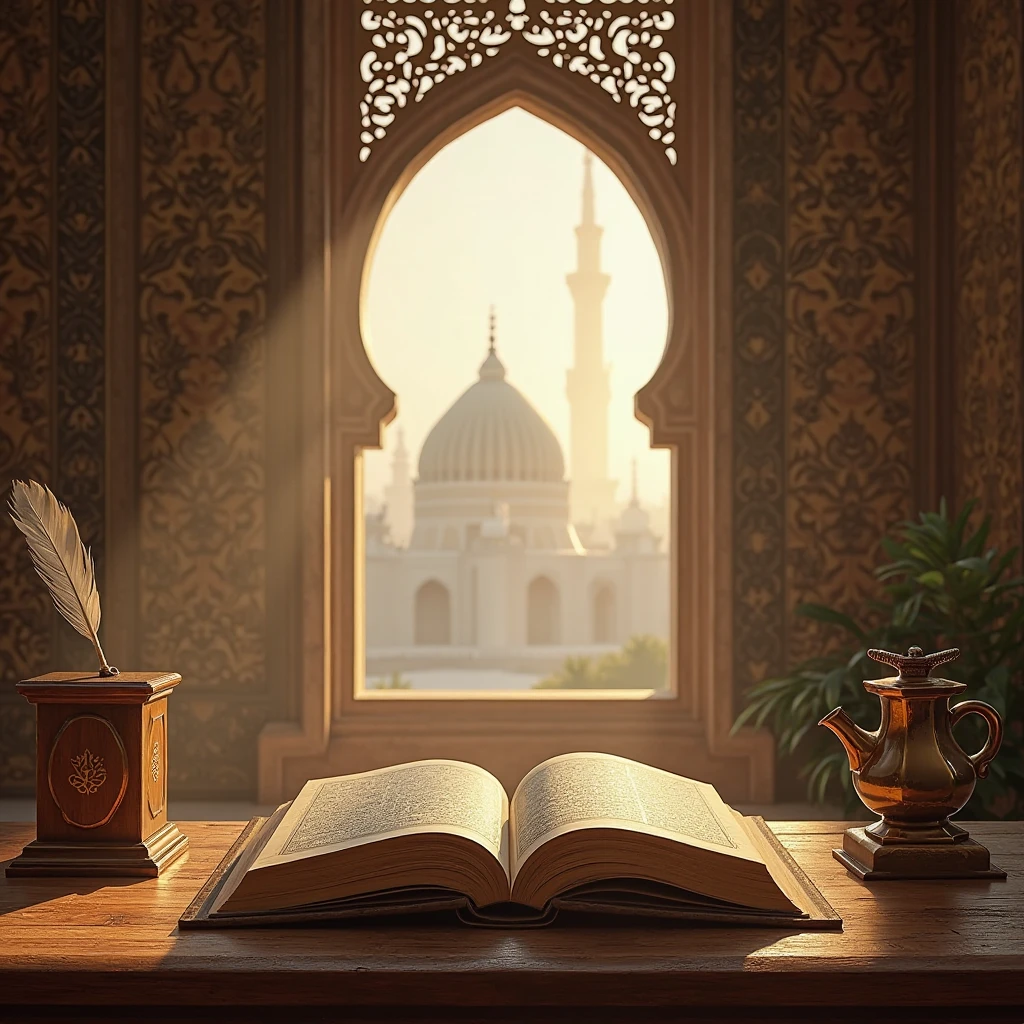 illustration old paper parchment scripts near a window, mosque outside the window