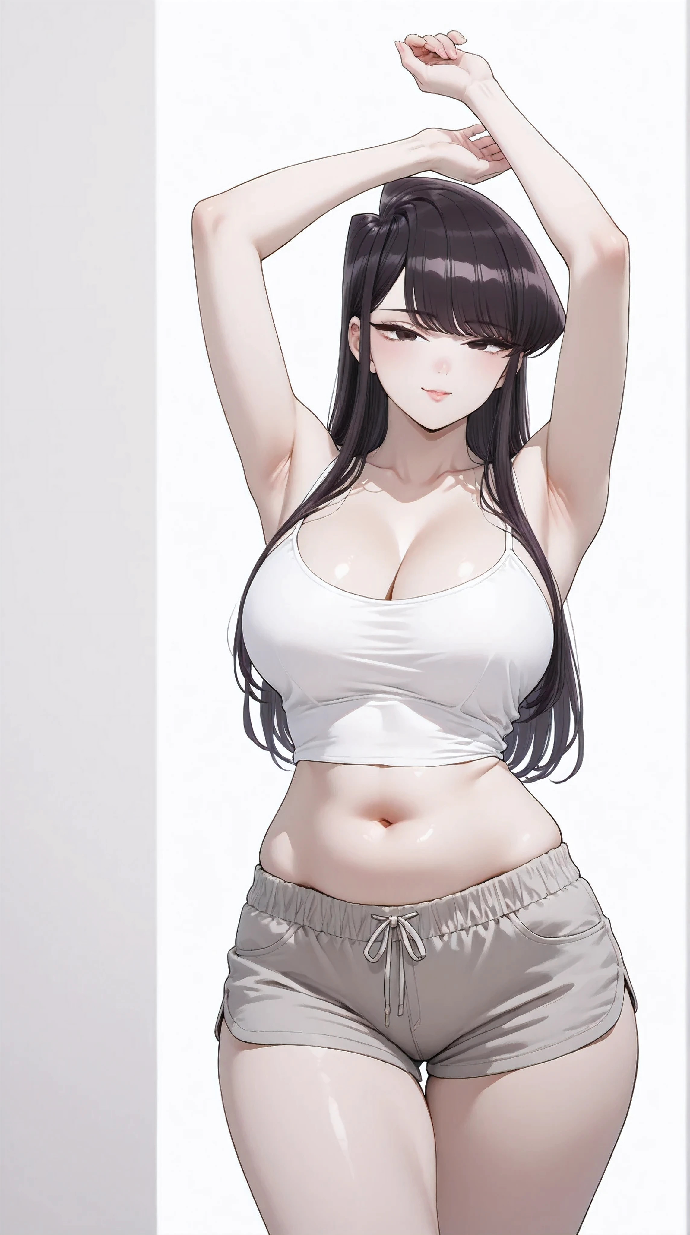 masterpiece, extremely detailed, perfect skin texture, 4k, solo, 1girl, adult,((fullbody)), stand up, komi_shouko, sexy legs, perfect body, large breasts, white tshirt, grey shorts, housewife, soft light, high detailed, best quality, midriff, navel, navel line, belly, bare belly, sexy, hot girl, hot woman, big breasts, sexy girl, sexy woman, korean face, beautiful, thick thighs, thigh thighs, upper body, tshirt, beautiful girl, beautiful woman, hot pose, perfect hands, wide hips, expressive, looking at viewers, front look, sexy pose, photography, white plain background, white background, mature, cleavage, girlish face, shouko komi, long hair, bangs, black hair, black eyes, half-closed eyes, cowboy shot,((white plain background))