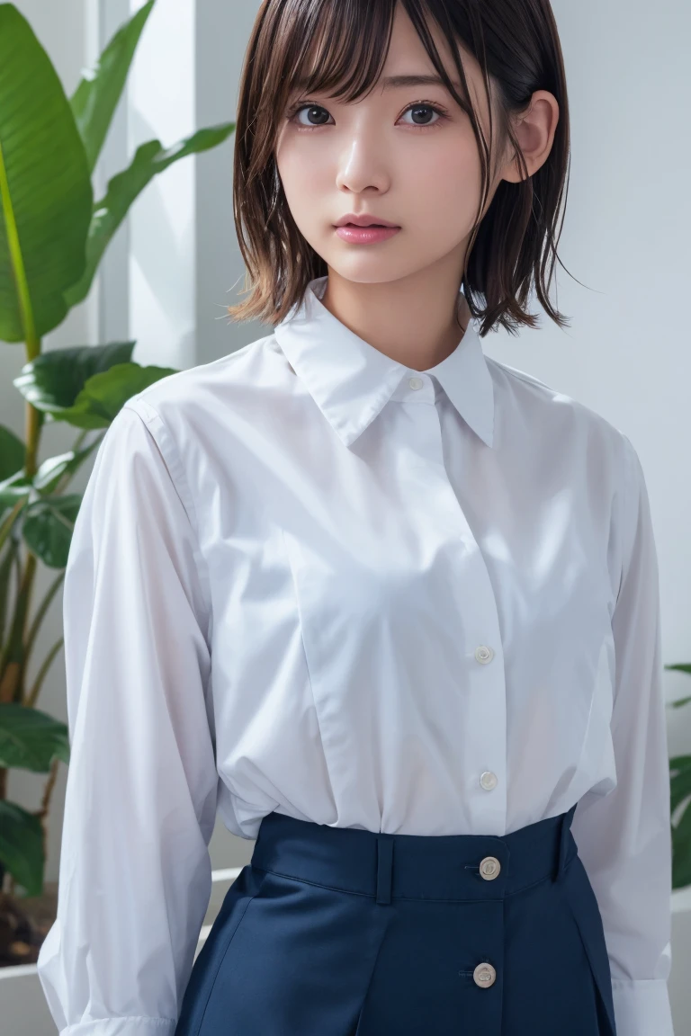 best quality, masterpiece, (Reality:1.4), 1 Girl, A faint smile, Shirts with collars, Above the waist, Dramatic Lighting, From below