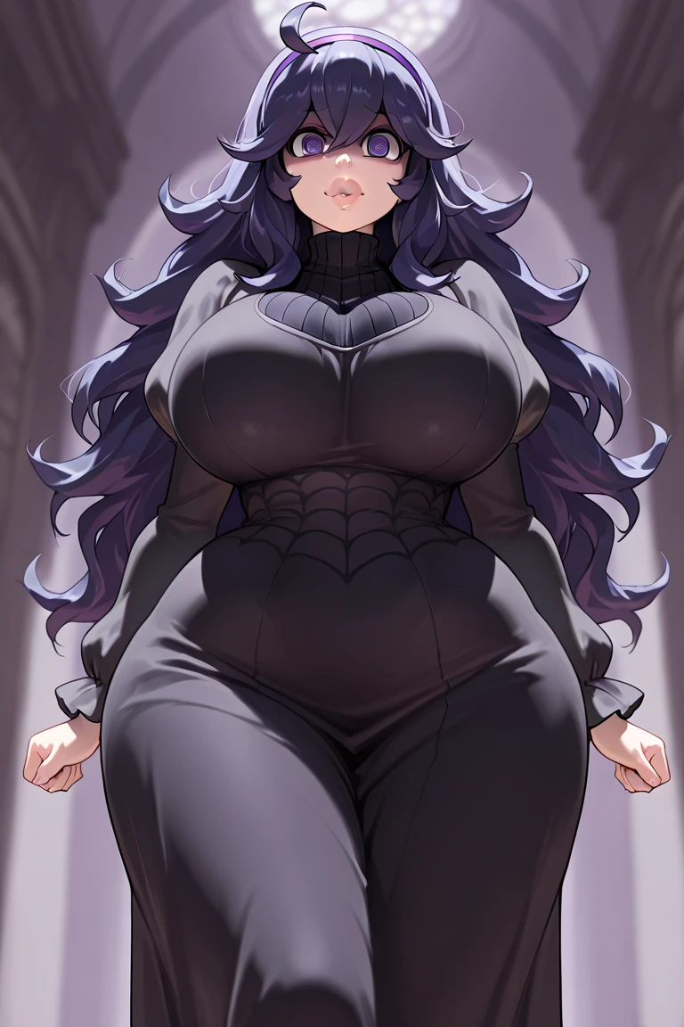 Masterpiece. detailed eyes, rabiestlagomorph, waist-length riddish purple hair, Large breasts, bursting breasts, black gown