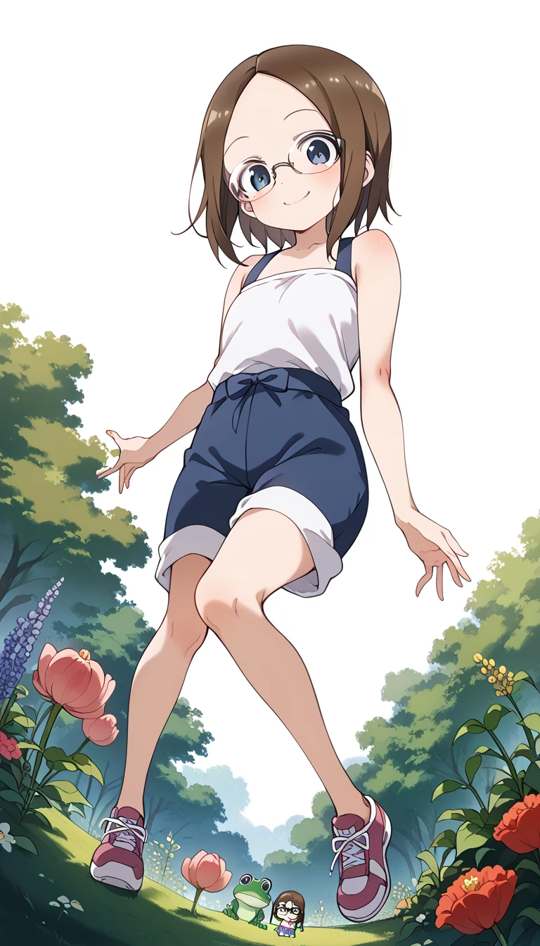masterpiece, best quality, highres, aalo, short hair, ahoge, blush stickers, collarbone, polka dot dress, blue dress, sleeveless, , grass, filed,panties,embarrassed face