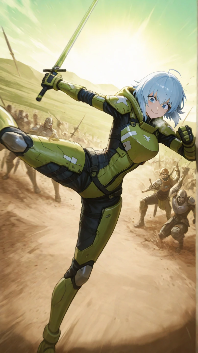 1female, Silver Hair, Green Combat Suit, Wavy Hair, Black Gloves, Combat Boots, Violet Eyes, Angry Expression, Athletic, Soldier, Adult Female, Desert Base, Preparing Equipment