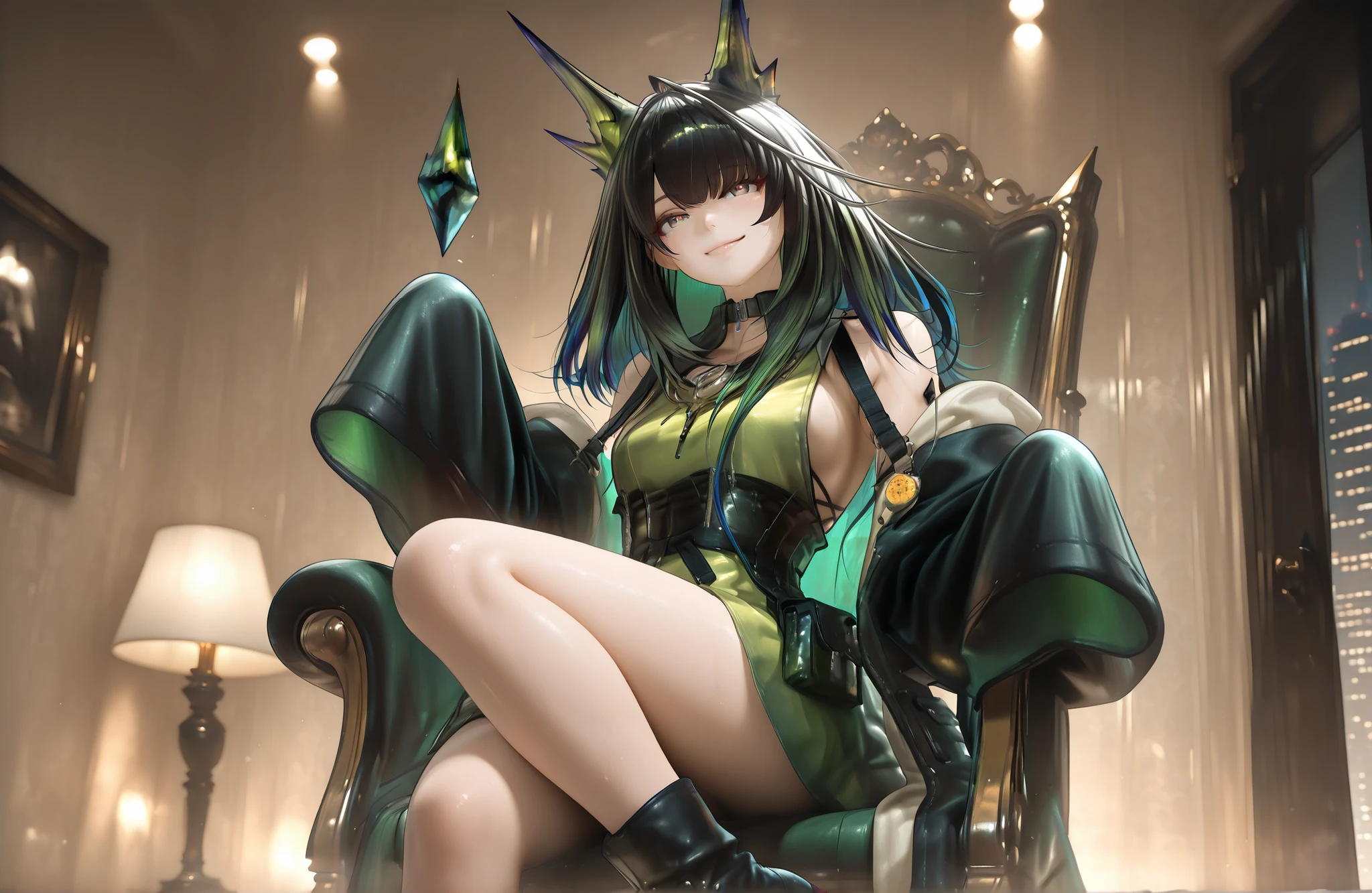 ((Alone)),((alone)),,1female,sitting on a chair,((The entrance to the skyscraper))),Beautiful light,,(face focus:1.5)),Stylish pose。,(( model pose)),,,((smile)),,mon3tr \(personification\) \(arknights\) , 1girl , solo , mon3tr \(personification\) \(arknights\) ,,,black coat , open coat , green dress , ankle boots ,,,,, ,,photorealistic background, best quality, great quality, very beautiful, (masterpiece, best quality, employment:1.1), (like the movie, ambient occlusion :1.3),(illustration for both eyes:1.1),(Perfect Details:1.1), (8k yen, wallpaper,masterpiece,high resolution,top quality,top quality real texture Skin, Surreal,), (increase resolution, rаw photo ,,very well detailed,wallpaper,like the movie lighting,ray tracing getting creampied,golden ratio\),