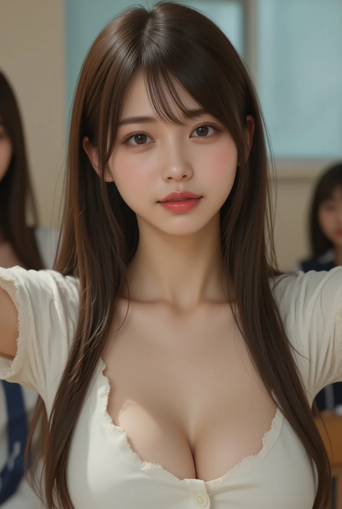 (masterpiece:1.3), high resolution, ultra detailed, extremely detailed CG unity 8k wallpaper, realistic, photo-realistic, RAW photo, beautiful detailed face, pale skin, realistic glistening skin, detailed cloth texture, detailed hair texture, Perfect body, Beautiful Face, accurate, Anatomically correct, Highly detailed face and skin texture, natural neck length, (beautiful hands), (fair skin:1.1), (well-aligned teeth:1.1), (Sweaty skin:1.2),
BREAK,
Detailed eyes, symmetric eyes, Light Brown eyes, Double eyelids, Thin eyebrows, (Glossy lips:1.4), ((A face with waiting for a kiss:1.2)), (blush:1.1), (A sparkling small hair accessory:1.1),
BREAK,
(A classy and Cute woman1.3), (nude, nsfw, nipple:1.4),
BREAK,
medium large breasts, slender figure, firm abs,
((ponytail, Dark blonde hair, wavy hair, long hair, asymmetric bangs:1.2)), (cowboy shot:1.2), (looking at viewer), , From above,
BREAK,
((standing in the classroom)
