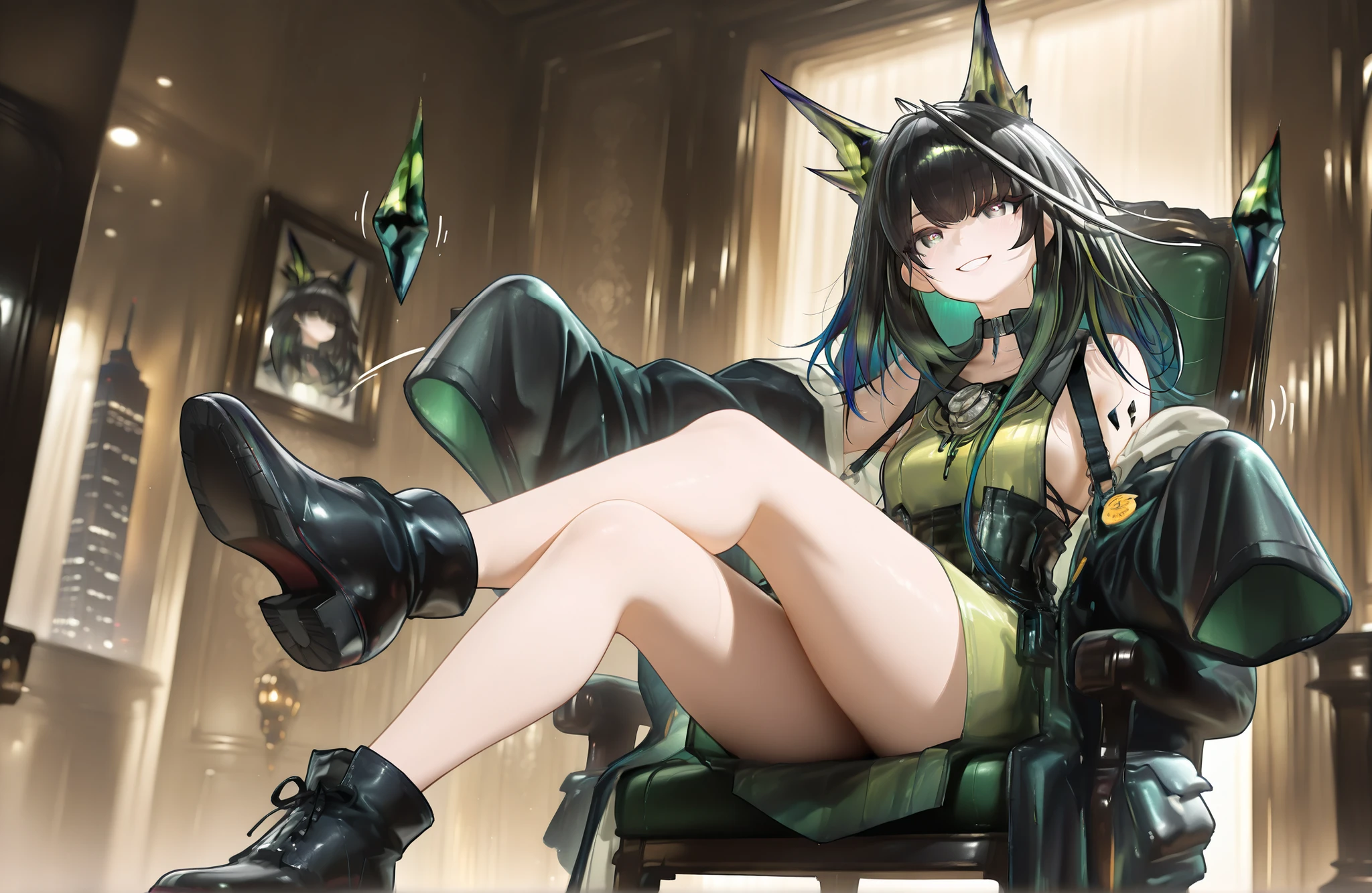 ((Alone)),((alone)),,1female,sitting on a chair,((The entrance to the skyscraper))),Beautiful light,,(face focus:1.5)),Stylish pose。,(( model pose)),,,((smile)),,mon3tr \(personification\) \(arknights\) , 1girl , solo , mon3tr \(personification\) \(arknights\) ,,,black coat , open coat , green dress , ankle boots ,緑の目,上からのangle,,, ,,photorealistic background, best quality, great quality, very beautiful, (masterpiece, best quality, employment:1.1), (like the movie, ambient occlusion :1.3),(illustration for both eyes:1.1),(Perfect Details:1.1), (8k yen, wallpaper,masterpiece,high resolution,top quality,top quality real texture Skin, Surreal,), (increase resolution, rаw photo ,,very well detailed,wallpaper,like the movie lighting,ray tracing getting creampied,golden ratio\),