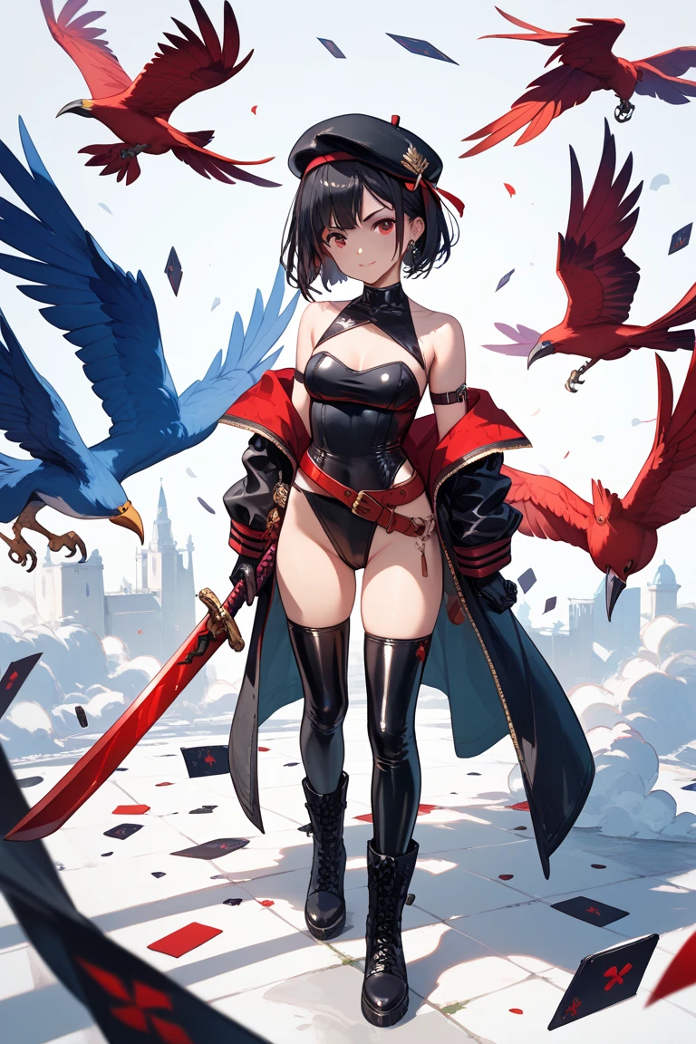 Girl, short black hair, red eyes, wearing red warrior clothing, big breasts, exposed thighs.