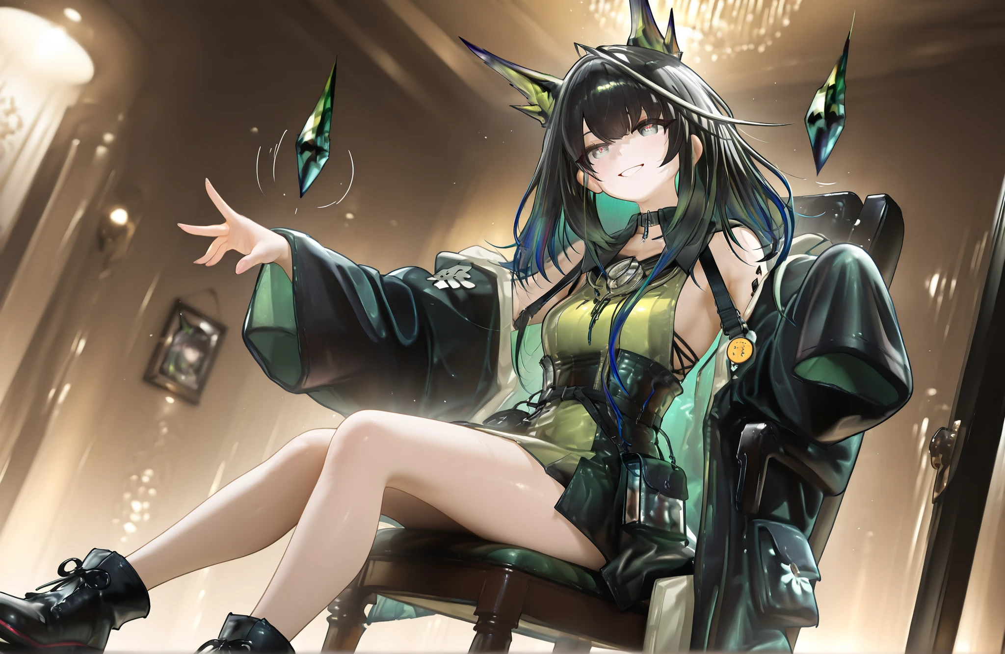 ((Alone)),((alone)),,1female,sitting on a chair,((The entrance to the skyscraper))),Beautiful light,,(face focus:1.5)),Stylish pose。,(( model pose)),,,((smile)),,mon3tr \(personification\) \(arknights\) , 1girl , solo , mon3tr \(personification\) \(arknights\) ,,,black coat , open coat , green dress , ankle boots ,緑の目,上からのangle,,, ,,photorealistic background, best quality, great quality, very beautiful, (masterpiece, best quality, employment:1.1), (like the movie, ambient occlusion :1.3),(illustration for both eyes:1.1),(Perfect Details:1.1), (8k yen, wallpaper,masterpiece,high resolution,top quality,top quality real texture Skin, Surreal,), (increase resolution, rаw photo ,,very well detailed,wallpaper,like the movie lighting,ray tracing getting creampied,golden ratio\),