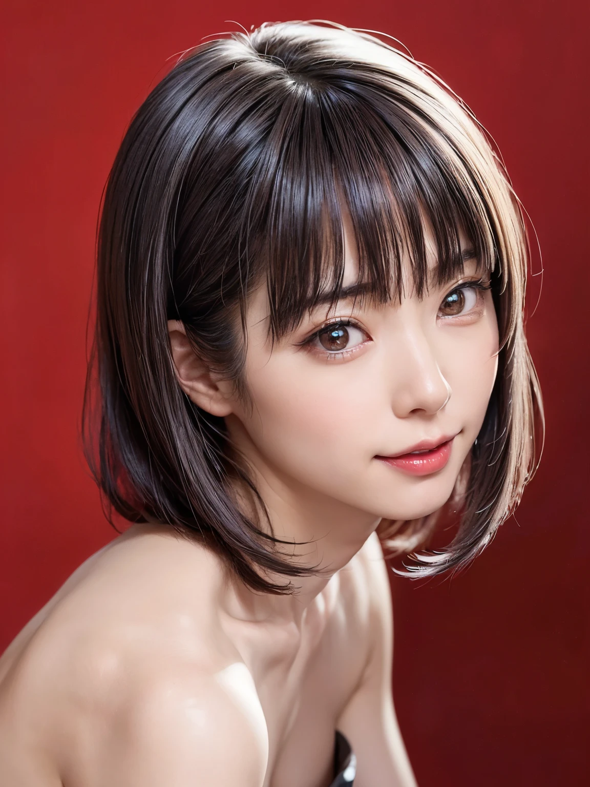 (table top, highest quality、ultra high resolution、face focus focus、focus on the sides、navel focus、decolletage focus、very attractive beauty、Adds intense highlights to the eyes、look closely at the camera:1.4、Absolutely beautiful bangs:1.4、Brunette short bob hair with bangs:1.4),1 girl, Report, black haired, realistic, looking at the viewer, pale black eyes, short hair, lips, lip gloss, Upper body、Big eyes、eyelash)、((italian natural background、hyper real stick:1.4))、((short hair with bangs:1.4、Beautiful bangs with 46 points:1.4、{Huge|big|Hugeな|mega} chest:2, cleavage:2、Big eyes、Give your students very powerful highlights、very bigger chest、look at the audience、very beautiful beauty、show me your ears、beautiful long neck、beautiful decollete、smile、A smilee　beautiful teeth、Open your mouth and smilee))、28 years old、very cute super model、perfect anatomy