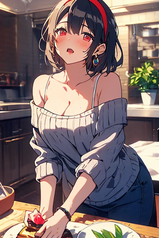 masterpiece, best quality, very aesthetic, absurdres, newest, 1girl, solo, blush, drunk, short hair, open mouth, black hair, short sleeves, sitting, pants, indoors, cup, chair, table, bottle, denim, breath, plate, alcohol, glass, jeans, blue pants, wine glass, wine, wine bottle, torn pants,