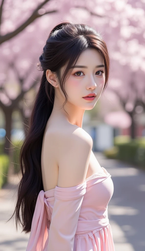 (logo、masterpiece、8K、table top、RAW photo、wonderful、最high quality、フォトリアリスティックでvery detailedな CG 統合 8k 壁紙、high quality、very detailed、narrative poem、particle effects、dynamic effect、Depth of bounds written、cinematic light、Lens flare、ray tracing)、fantasy、 (1 beautiful woman、dress、dress、Cherry blossom pattern、black haired、beautiful face、real face、beautiful details eyes beautiful skin)、髪がWindで踊る、Hair flutters in Wind、hair jump、pink cherry tree、petals dance、SakuraFubuki、wonderful景色、sunrise、sun on background、Wind、