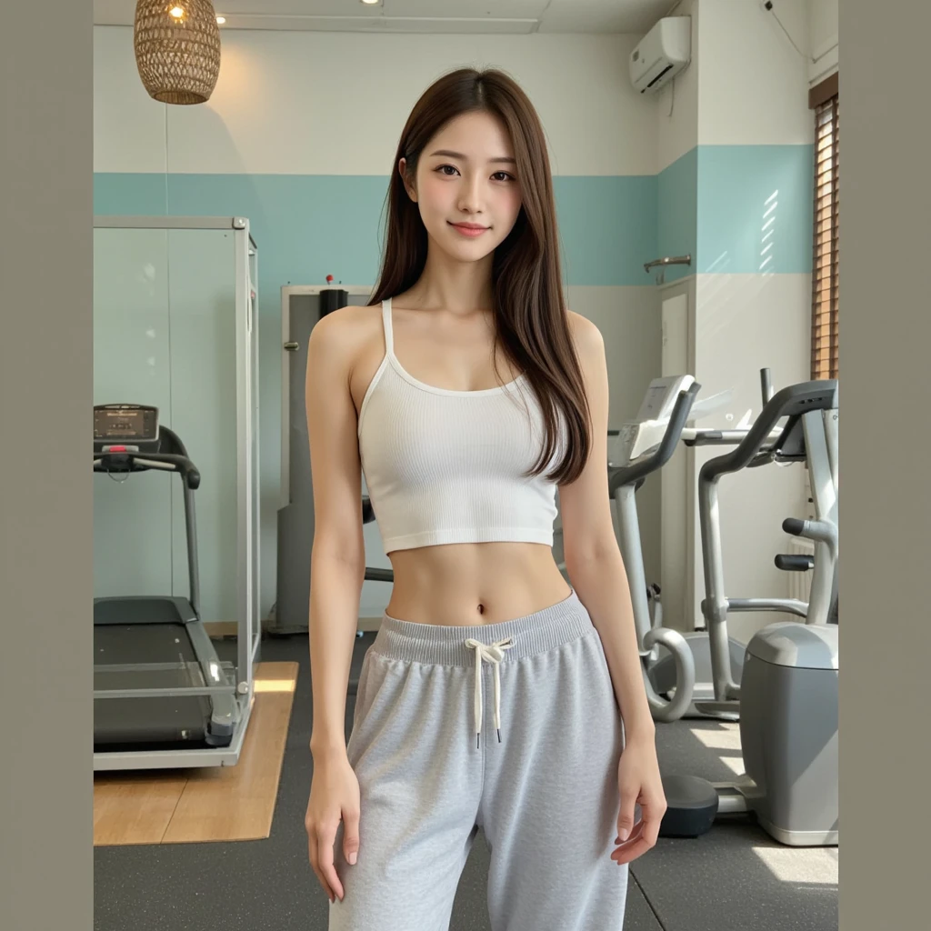 One girl, Standing upright at the gym, ((Wearing a plain white bra and short tight pants)), Brown Hair, Short Hair、Tied Hair、Bright fitness gym、（Large fitness room:1.6）、Large windows、Large space、A large number of people、Standard body shape、D cup breasts、（smile:1.6）、Morning Scenery