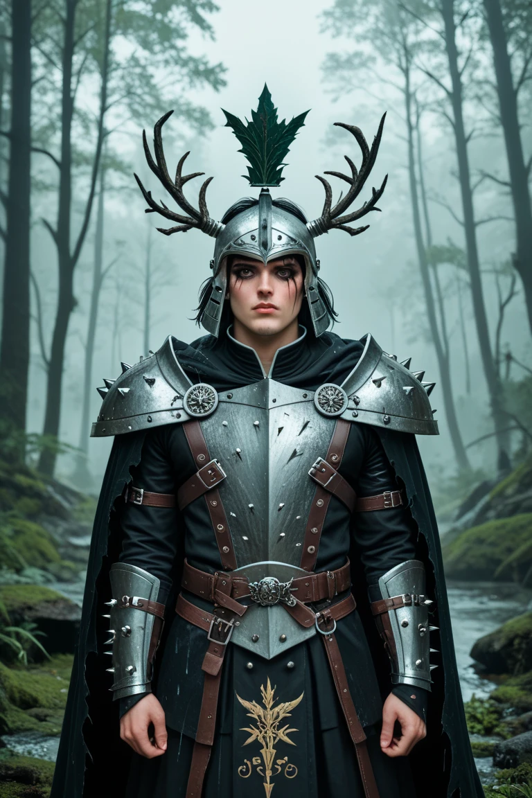 a 2 meter dragonborn, black scales,oil painting, drops, fully body, posando, holding a longsword, antlers, plenty of clothes, clothes with feathers, greeneyes, thin and tall body he has black color, oil details, fullhd quality.