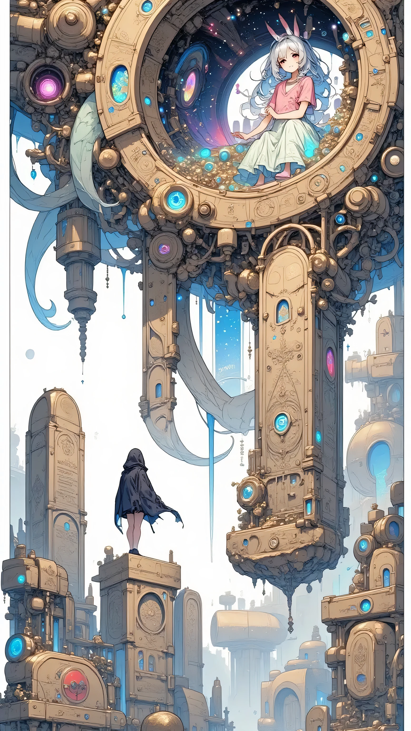A mysterious plateau with monumental stone structures and strange symbols glowing faintly. A hooded figure walks among the ruins, scanning with a crystal device. The sky shifts in unnatural gradients. Moebius aesthetic, graphic storytelling, intricate textures, spiritual sci-fi vibe, hand-drawn style