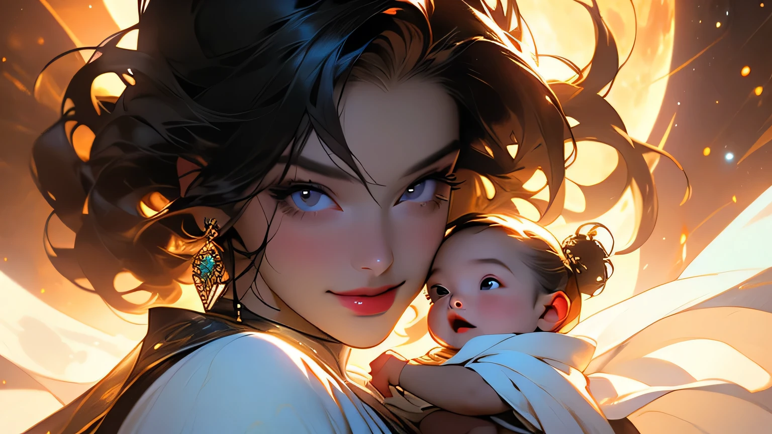 ((Highest quality)), ((masterpiece)), (detailed), (Perfect Face)、The woman has dark skin, is pregnant, and is holding a baby.、(Ghana braids with strong curly hair slicked back)、Black, dark skinned, African native tribal woman、The amount of hair is small、Black Hair、Very short curly hair、Ghana braid hair, finely and delicately braided into Ghana braids and slicked back、A black African woman with braided hair, low volume, tribal earrings and tribal accessories, beautifully dressed and wearing tribal makeup、A beautiful tribal woman with tattoos all over her body、Women in tribal village night rituals、The woman's hair is dyed black by the other women in the village and styled like an African woman's.