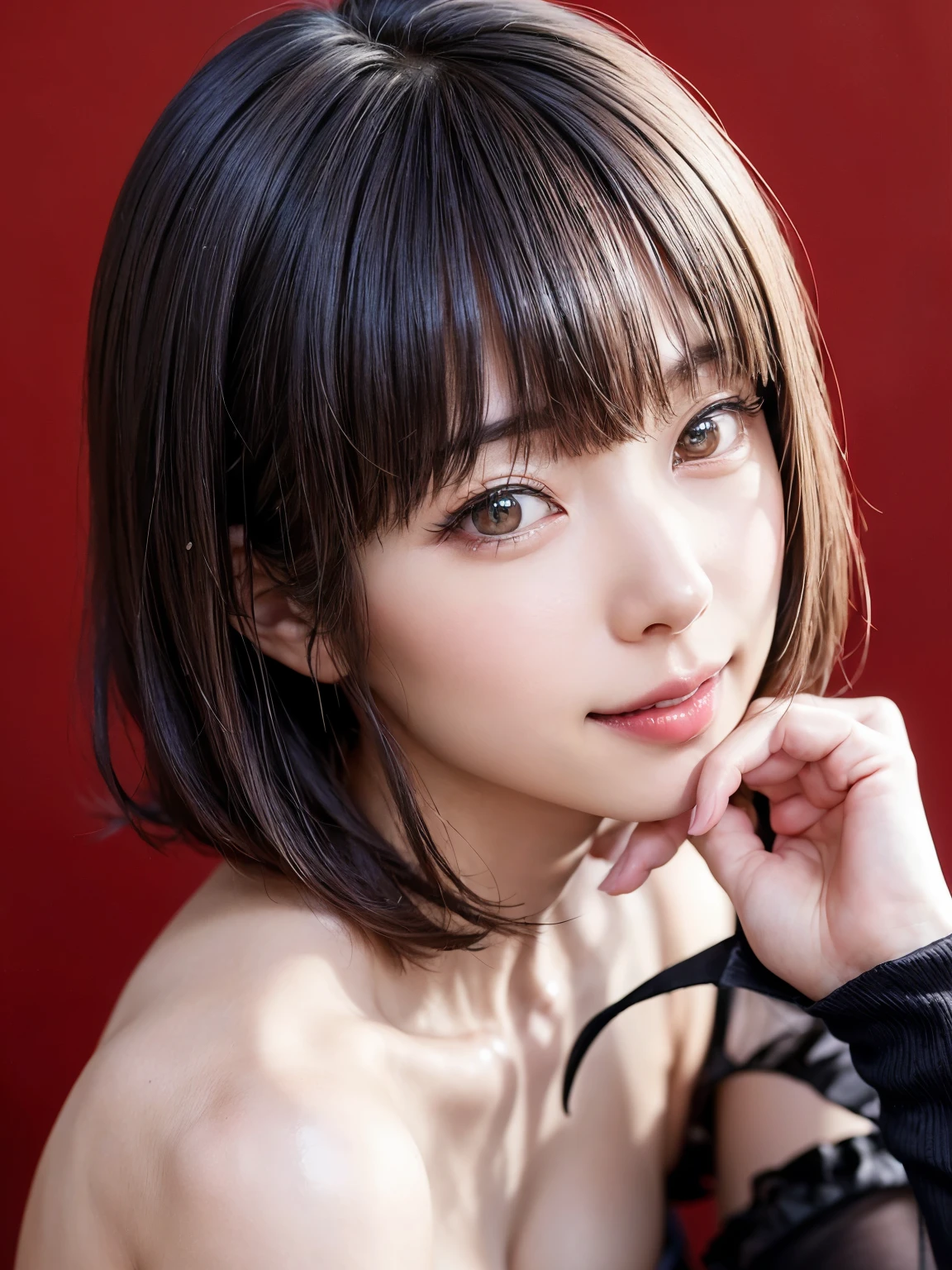 ((NSFW)),((Naked Festival)), (masterpiece: 1.2, highest quality), (table top, highest quality、ultra high resolution、face focus focus、focus on the sides、navel focus、decolletage focus、very attractive beauty、Add intense highlights to your eyes、look closely at the camera:1.4、Absolutely beautiful bangs:1.4、Brunette short bob hair with bangs:1.4),1 girl, Report, black haired, realistic, looking at the viewer, pale black eyes, short hair, lips, lip gloss, Upper body、Big eyes、eyelash)、((italian natural background、hyper real stick:1.4))、((short hair with bangs:1.4、Beautiful bangs with 46 points:1.4、{Huge|big|Hugeな|mega} chest:2, cleavage:2、Big eyes、Give your students very powerful highlights、very bigger chest、look at the audience、very beautiful beauty、show me your ears、beautiful long neck、beautiful decollete、smile、A smilee beautiful teeth、Open your mouth and smilee))、28 years old、very cute super model、perfect anatomy