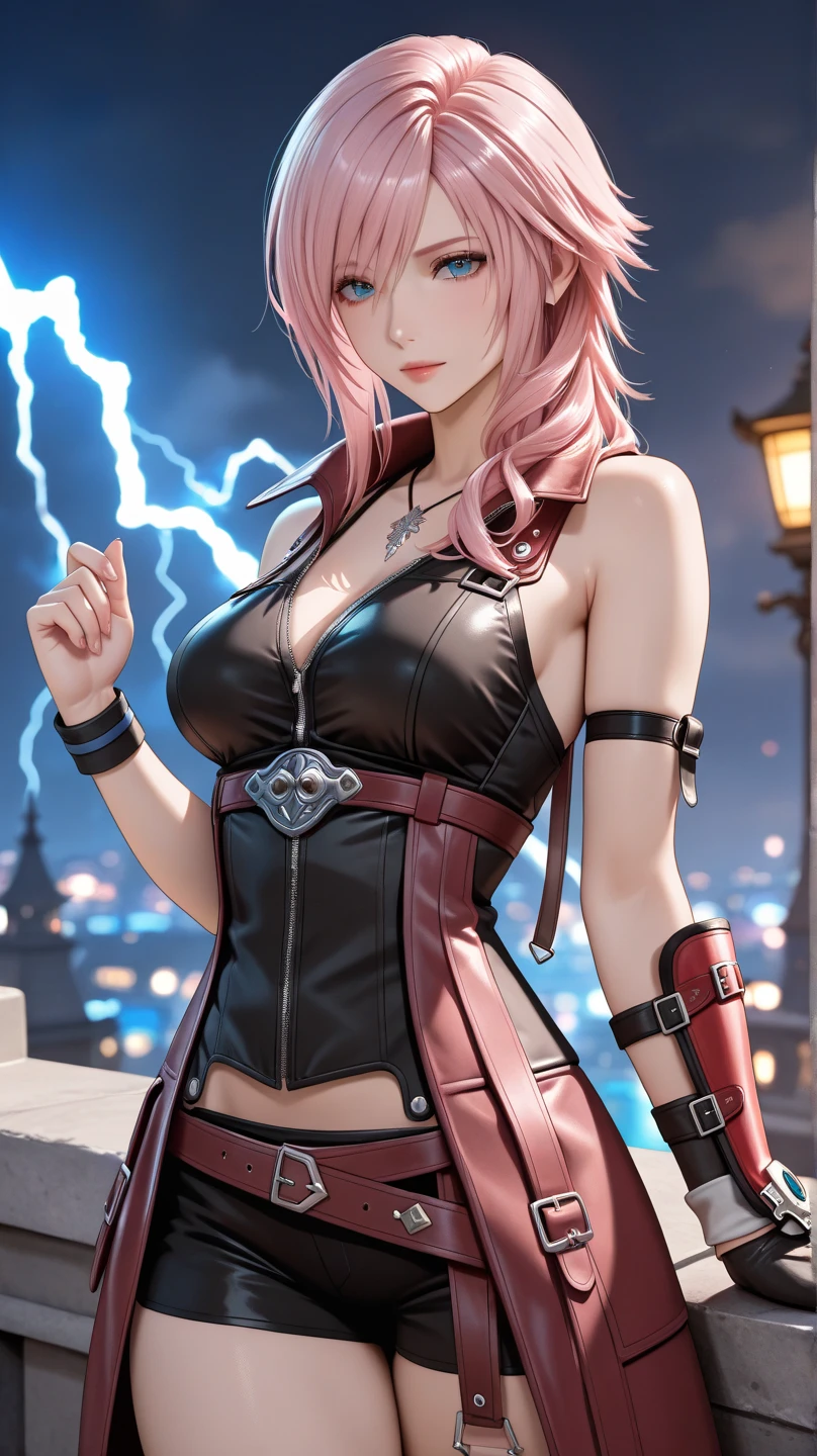 (Masterpiece, BestQuality:1.3), (ultra detailed:1.2), (hyperrealistic:1.3), (RAW photo:1.2), High detail RAW color photo, professional photograph, (Photorealistic:1.4), (realistic:1.4), (Pink Hair:1.5), professional lighting, perfect anatomy, (Big Breasts:1.2), (blush, detailed face), (A happy smile:1.7), Trending Hair&Trending Hairカラーをランダムに, earrings, necklace, bracelet, sexly, erotic sexly, Random sexy gravure poses, (Sexy woman in a red leather jacket and mini skirt、City night view、Provocative look、short hair、Cross-legged wall pose。:1.3)