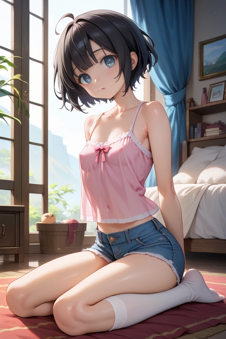 lighting like a movie、top-quality、１０age、teens girl、black hair short cut、Wearing white underwear、white tank tops、inside in room、taken from the under、the morning sun、huge tit