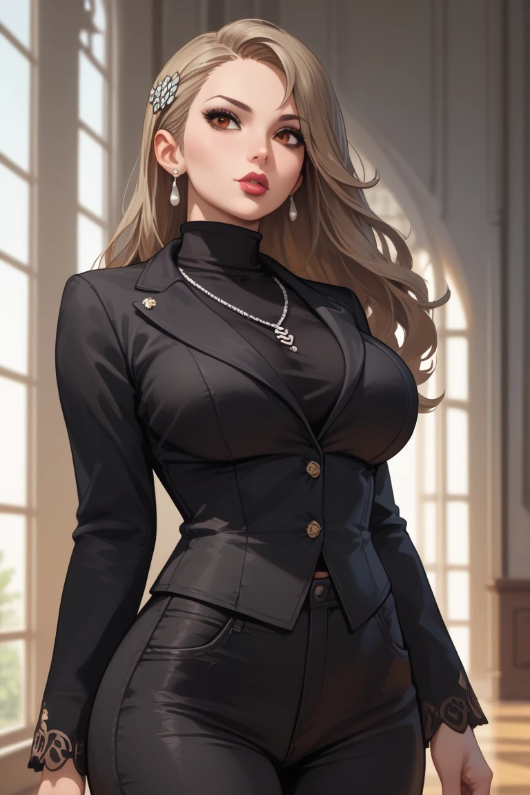 (masterpiece, best quality, photorealistic, ultra-detailed:1.2), perfect body, large breasts, wide hips, big gorgeous eyes, luscious full lips, smile, parted lips, dangerous allure, (fashion by burberry, see through, transparent clothing:1.2), metro city, anime realism by artgerm and ayami kojima and donato giancola
