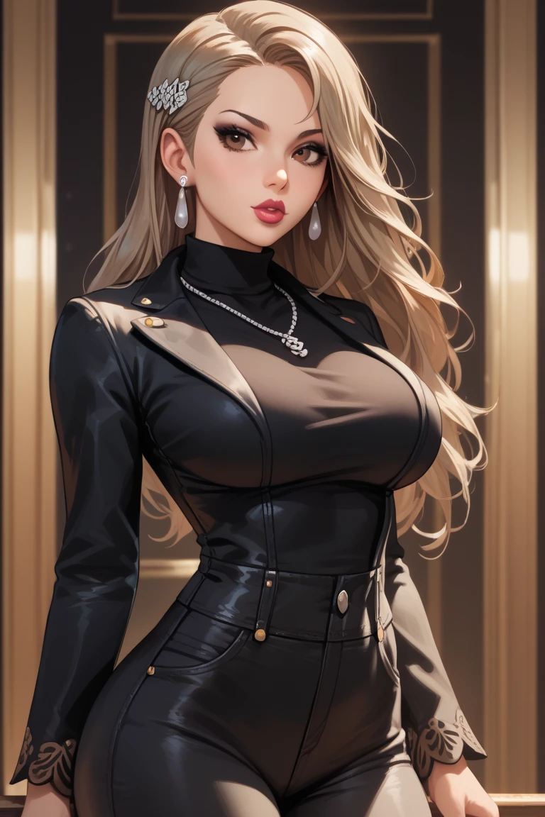 (Best Quality, 8K, Masterpiece, Ultra HD: 1.3), (K-Pop Idol: 1.4), 1 Pretty Girl, (Big Breasts: 1.2), (Long Hair), Abs, Perfect Figure, Ultra Fine Face, Delicate Lips, Beautiful, wavy blonde hair, silver light hair , super fine hand, fine finger , Short mini skirt (black), ((detailed pantyhose)),detailed , on the street, building, building, punk girl, smiling , Long legs, detailed legs, fine legs