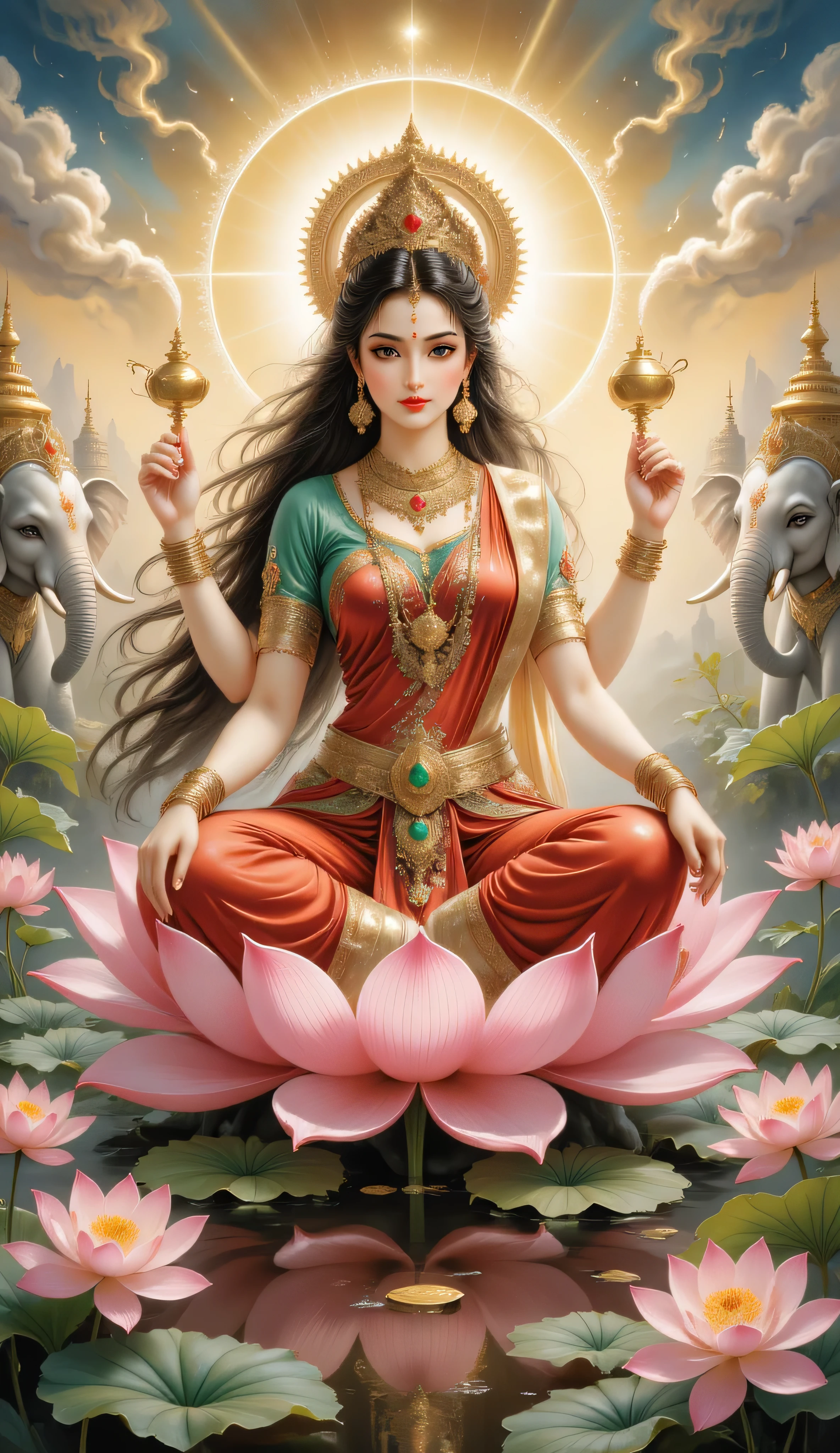 A divine and radiant portrait of Goddess Lakshmi seated gracefully on a large blooming pink lotus floating on a calm, shimmering lake under the golden light of a heavenly sunrise, surrounded by softly glowing lotuses and ethereal sparkles. She has four arms, each gracefully holding symbolic items — a golden pot overflowing with gold coins, a lotus flower, a mudra of blessings, and an ancient scroll symbolizing wisdom. Her skin glows with a soft golden hue, and her serene face radiates beauty, compassion, and divine grace.
Her long, flowing black hair is adorned with delicate gold jewelry, jeweled headpiece, and fragrant flowers. She wears an intricately designed red and gold silk saree that sparkles with divine light and has golden embroidery of sacred symbols. Her crown is encrusted with rubies, emeralds, and diamonds, glowing softly.
Behind her, an ornate, golden halo glows with cosmic energy, and two white elephants spray sacred water from jewel-encrusted vessels in a gentle arc. The background features a softly lit celestial landscape with temple silhouettes, glowing clouds, and divine light beams descending from the heavens.
Hyper-realistic detail, ultra-HD, 8K quality, fantasy divine style, highly polished, soft glow lighting, perfect symmetry, magical atmosphere, rich golden tones, watercolor and oil painting blend, vibrant color palette, mythological art masterpiece, majestic and ethereal presence.