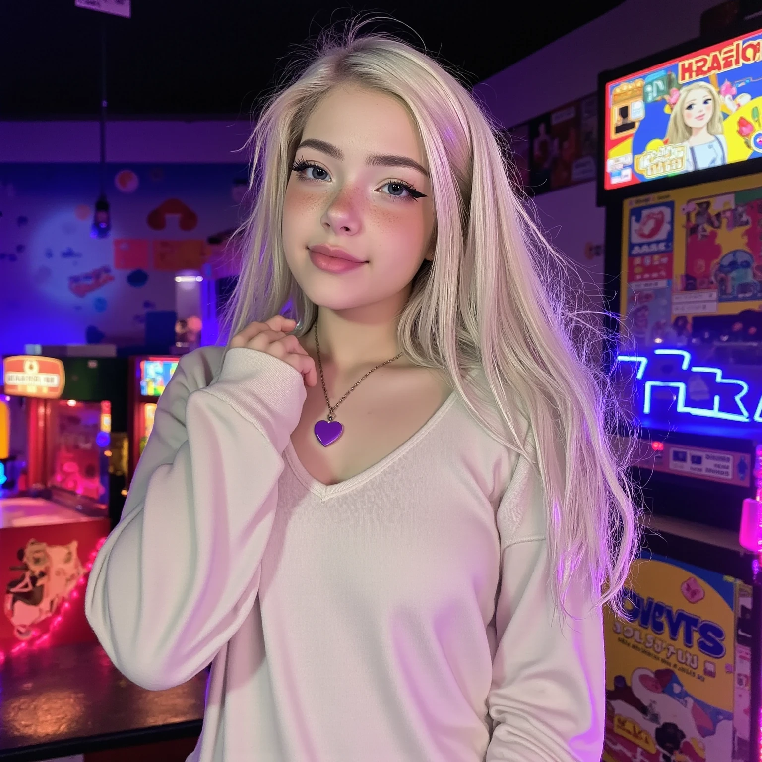 a one woman, americana, age 25, pale skin and freckles, gray eyes, delicate nose, soft and delicate lips, far away, cabelo blondie far away e ondulado na altura da cintura, sweet smile, face with delicate feminine facial features, highly rendered 