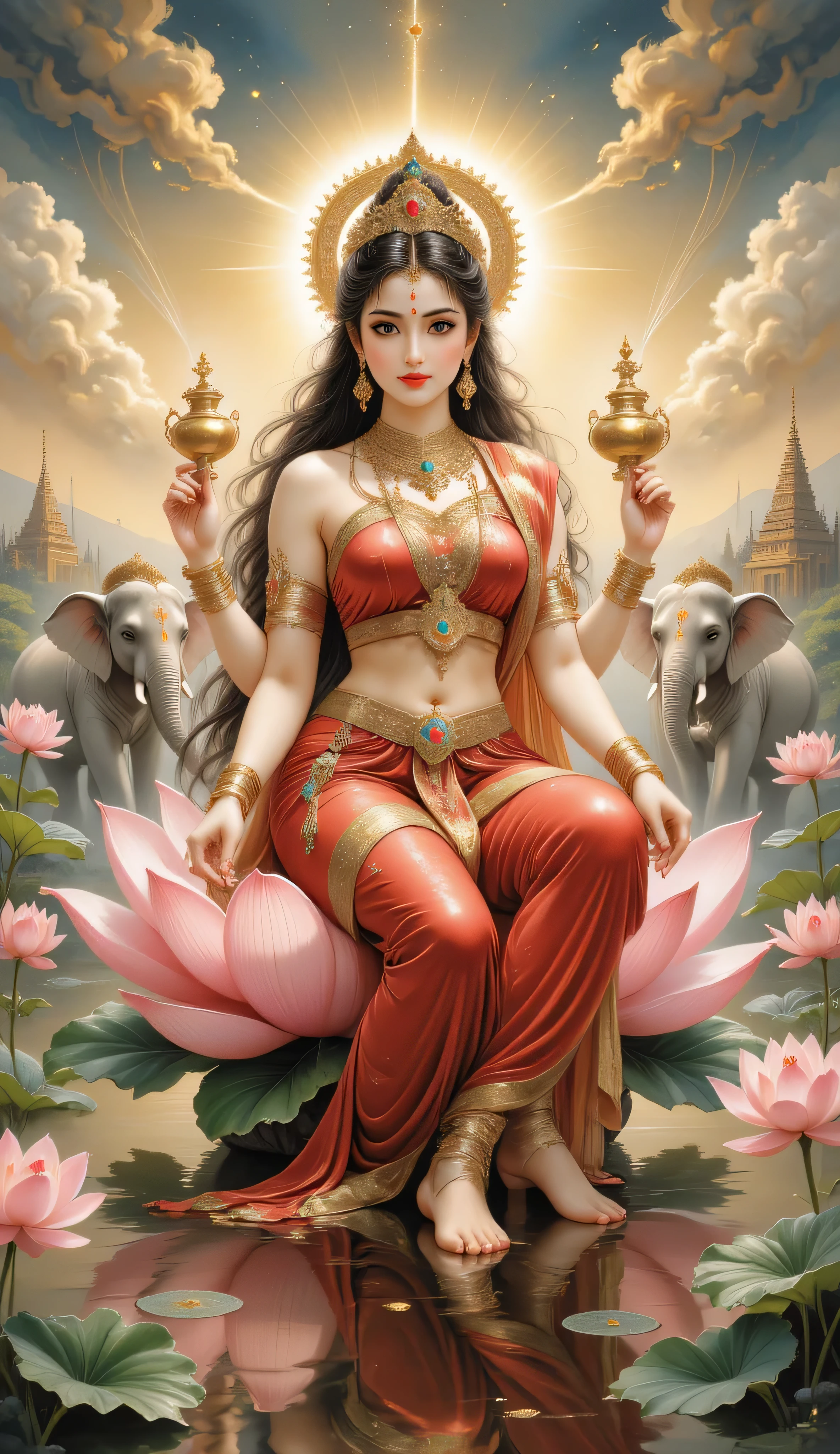 A divine and radiant portrait of Goddess Lakshmi seated gracefully on a large blooming pink lotus floating on a calm, shimmering lake under the golden light of a heavenly sunrise, surrounded by softly glowing lotuses and ethereal sparkles. She has four arms, each gracefully holding symbolic items — a golden pot overflowing with gold coins, a lotus flower, a mudra of blessings, and an ancient scroll symbolizing wisdom. Her skin glows with a soft golden hue, and her serene face radiates beauty, compassion, and divine grace.
Her long, flowing black hair is adorned with delicate gold jewelry, jeweled headpiece, and fragrant flowers. She wears an intricately designed red and gold silk saree that sparkles with divine light and has golden embroidery of sacred symbols. Her crown is encrusted with rubies, emeralds, and diamonds, glowing softly.
Behind her, an ornate, golden halo glows with cosmic energy, and two white elephants spray sacred water from jewel-encrusted vessels in a gentle arc. The background features a softly lit celestial landscape with temple silhouettes, glowing clouds, and divine light beams descending from the heavens.
Hyper-realistic detail, ultra-HD, 8K quality, fantasy divine style, highly polished, soft glow lighting, perfect symmetry, magical atmosphere, rich golden tones, watercolor and oil painting blend, vibrant color palette, mythological art masterpiece, majestic and ethereal presence.