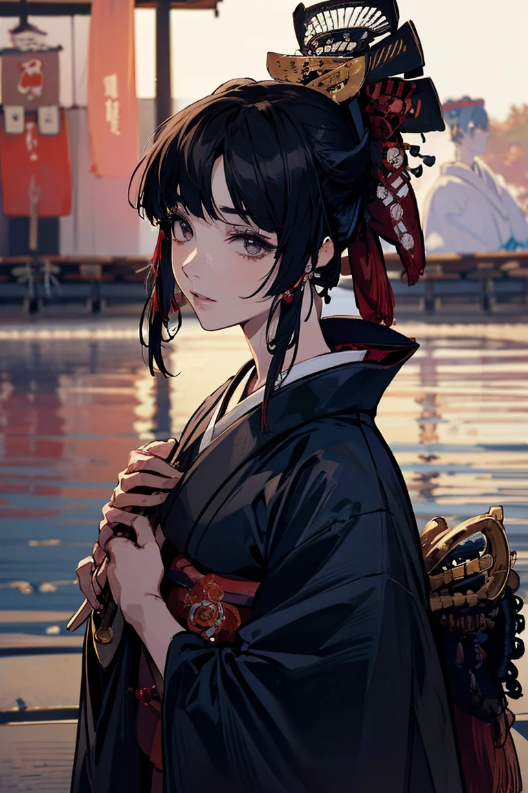 1girl, breasts, moon, lantern, night, solo, large breasts, hair ornament, wet, kimono, japanese clothes, wading, water, hair flower, flower, outdoors, sky, full moon, rain, black hair, off shoulder, mountain, cloud, holding, sash, bare shoulders, paper lantern, standing, white kimono, night sky, sideboob, obi, wet clothes, bangs, tree, from side, reflection, short hair, cloudy sky, wet hair (((masterpiece),(extremely detailed CG unity 8k wallpaper),best quality,,solo,1girl,cinematic lighting,detailed background,beautiful detailed eyes,bright pupils, (an extremely delicate and beautiful),(Beautiful and detailed eye description), ultra-detailed,masterpiece,)),