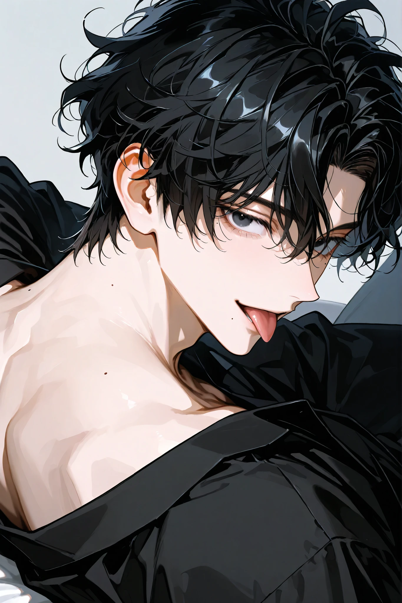 1 male,BLACK HAIR, short hair, messy hair, curly hair, black eyes, eyes on the back,I'm going to put my body on the couch,handsome,and my mouth is slightly open,One Man,Adult Male, Black business shirt,pretty face,Viewer,close-up,sexy expression,Your tongue is sticking out a little,mole on neck ,