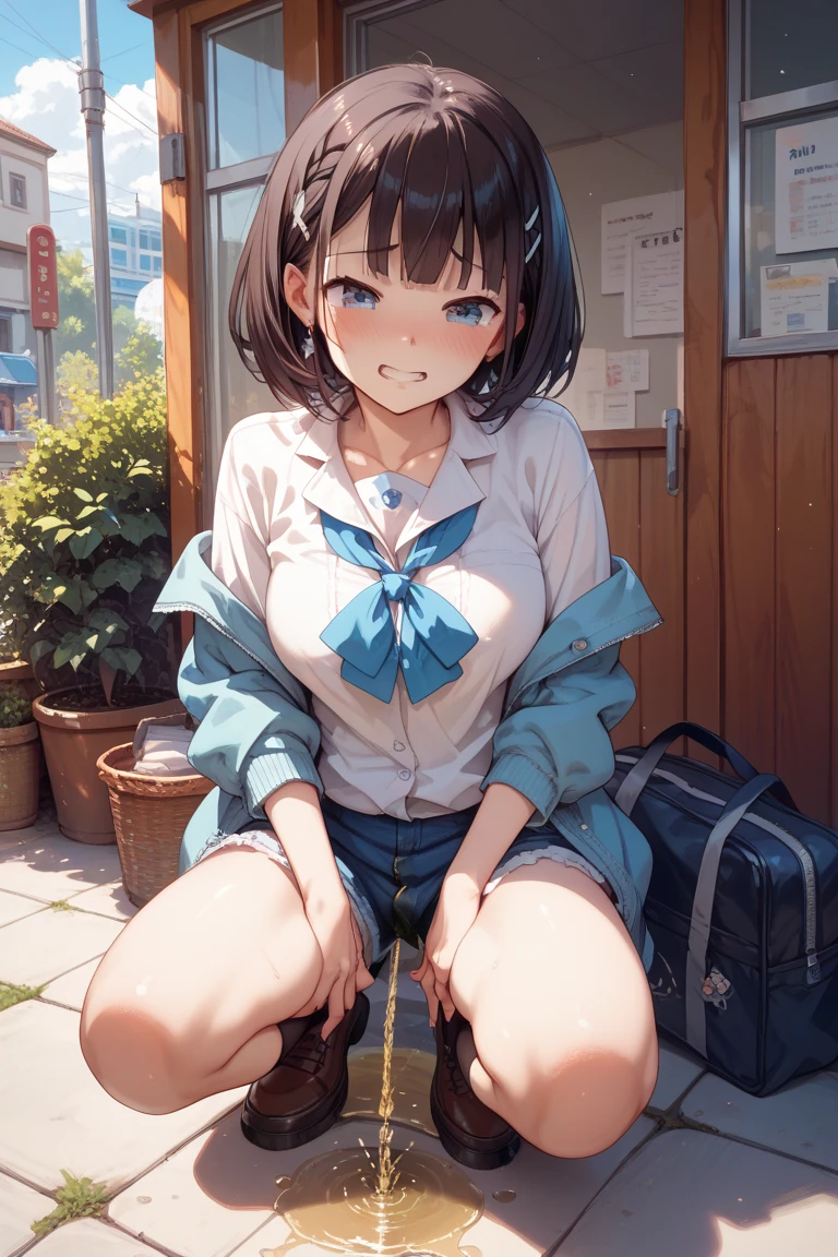 hi-school girl、　a beauty girl　Longhaire、Forehead、a short bob、sano　A smile、校服、skirt by the、Sit up、M-shaped legs、Forgetting to wear white panties、Short socks、Brown loafers、In front of the station、Spread legs wide