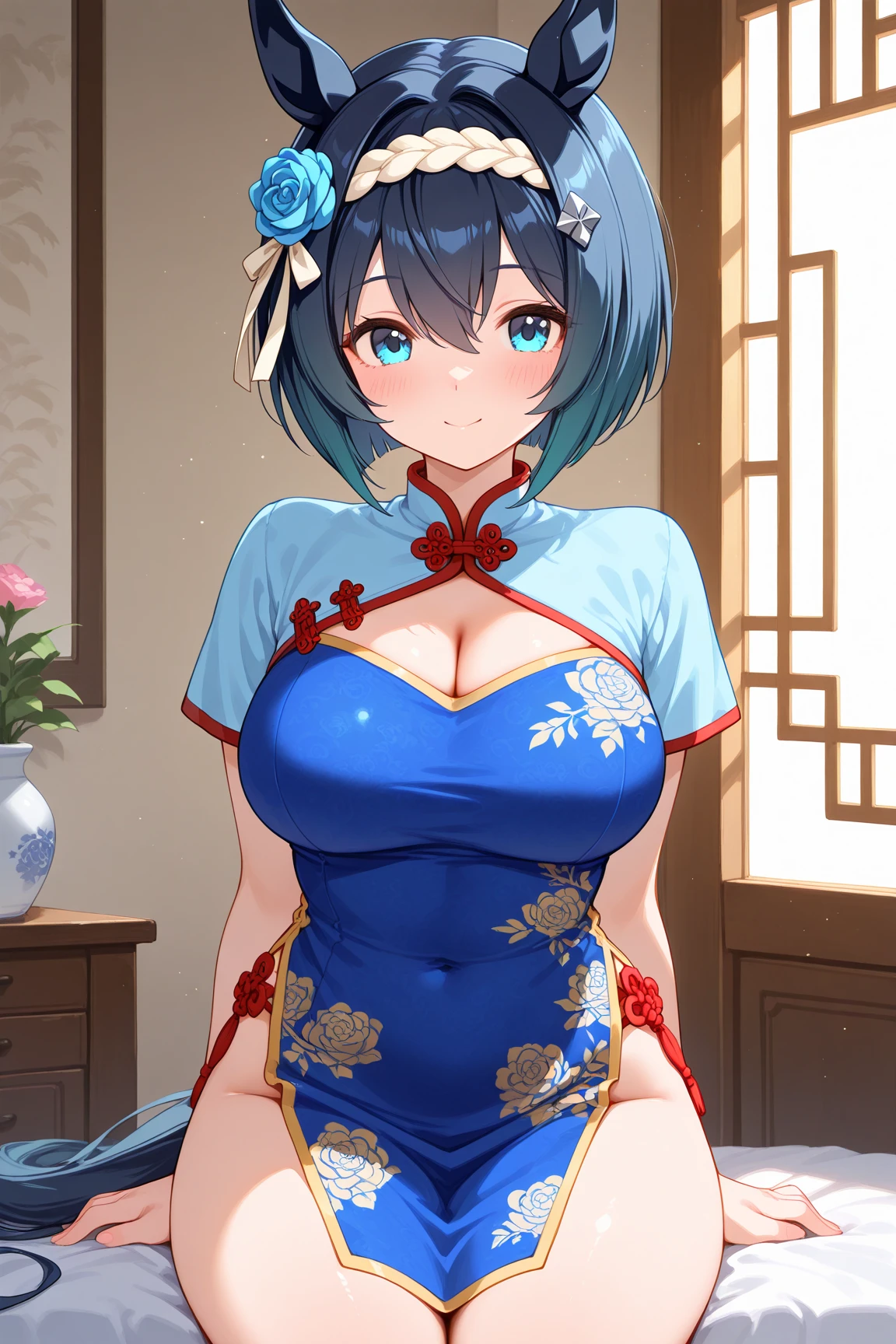 最high quality、best image quality、masterpiece、Curvaceous yet slim body、perfect eyes, perfect face,The exact number of fingers、Exact number of legs、The exact number of armatures((Bust size 170 , beautiful blue eyes、((1 adult female:1.8))、big breasts、beautiful nipples、beautiful big breasts(erect nipples:1)、sexy look、big breasts,、((dark brown short hair:1.8,inward curl hair:1.8))、big breasts cleavage、((Dark Blue Cheongsam:1.5、golden embroidery))、show your whole body、black wristband on wrist、Golden Necklace、red face、Slippery texture))high quality、beautiful art、With background((bed)))table top、visual art、Depth of written boundary、One earring in each ear、head band、Golden Necklace
