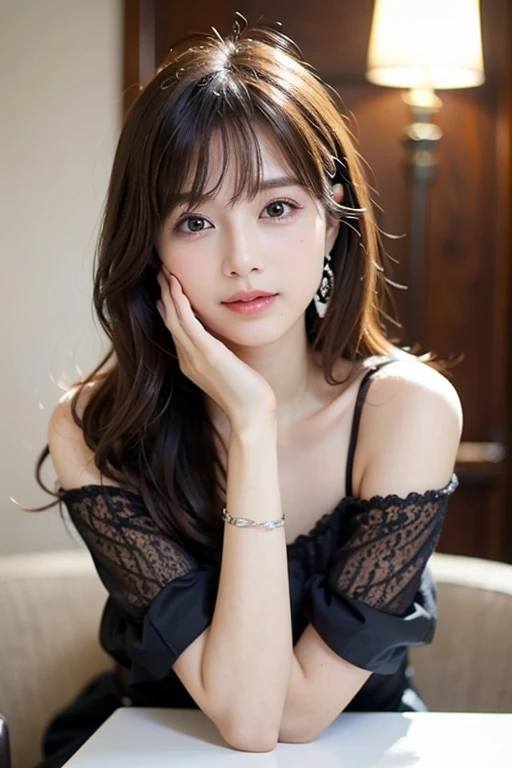 (masutepiece:1.3), High resolution, ultra-detailliert, the Extremely Detailed CG Unity 8K Wallpapers, Realistic, Photorealsitic, Raw photo, beautifull detailed face, pale skin, Realistic glitter skin, Detailed Cloth Texture, detailed hair texture, Beautiful face, acurate, Anatomically correct, Highly detailed facial and skin texture, Natural neck length, (Beautiful hands), (Fair skin:1.2), 独奏、Brown hair、｟short wavy hair｠、No bangs、Japan Female,20 years old、A detailed eye, symmetrical eye,Harajuku、Cute realistic photos、(Sit leaning against the table), ((Elbows placed on the table，Gently lift your chin:1.3)),｟smile1.6｠Looking at the camera