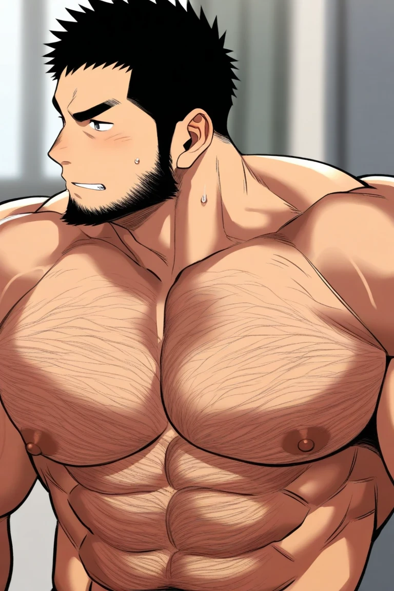 Muscular Physique、male、30th Generation、Bearded、Completely naked、erection、handjob、on the bed、anime colored