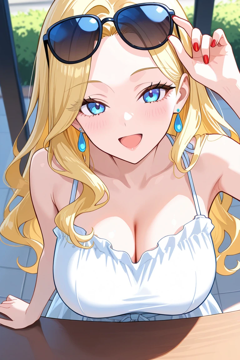 1_girl, solo, kashiwazaki_sena, blonde_hair, blue_eyes, large_breasts, smile, long_hair, strapless, short_blue_dress, looking_at_viewer, day, bracelet, pearl_necklace, jewelry, cleavage, sky, full_body, collarbone, outdoors, blue_sky, clouds, bangs, closed_mouth, beautiful, Masterpiece