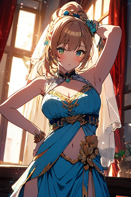 Browsing Caution, masterpiece, Arabian woman in blue dress with gold belt and necklace, 3d rendering character art 8k, Trending on cgstation, Chengwei Pan at Art Station, Inspired by Run In, 8K Art Germany Bokeh, 8K high quality, detailed art, deviantart artstation cgscosiety, cgsociety 8k, cgsociety 8k