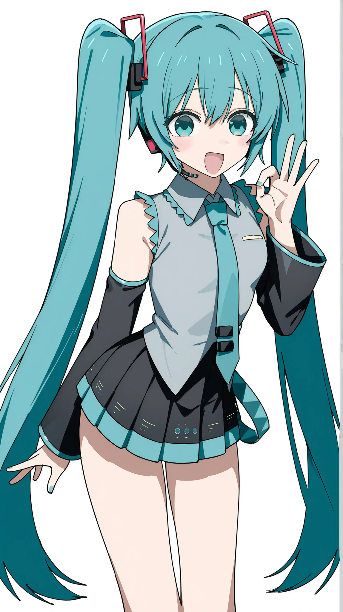 Hatsune Miku, very long hair, twintails, look over here、Charming Gesture 、Make your eyes slightly narrower、1 person、 open your mouth and smile、happy expression、Channel style、Channel style、high image quality、describe the facial features well、above thigh、has clear outlines, and、It is a balance of deformed flavors that are simple yet stand out for their individuality。The use of colors is closer to pastels、The color saturation is high、A style that makes it easy to visually convey the character's personality、How to draw eyes and hairstyles is animated、Long arms、is tall、tall、Tall、tall、uniform、miniskirt