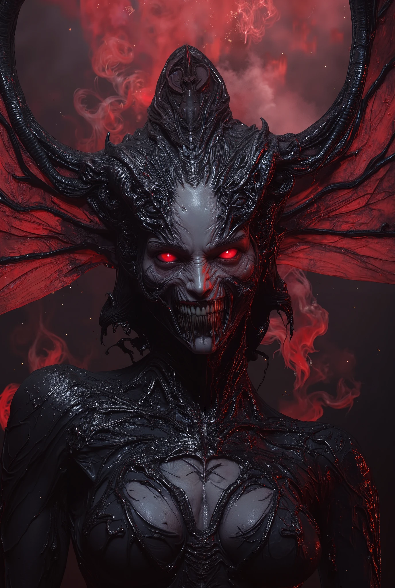Terrible Devil, scary female Beelzebub, (Queen of Flies:1.5),high quality,realistic 3D, horror art, Magician,daemon,dark vibe,red and black colors, extremely detailed, masterpiece,4K realistic with lots of detail,photorealistic,Extreme Detailed Expression,professional,vivid colors, neon colored Bokeh, (Best Quality, 4K, 8k, High Resolution, Masterpiece: 1.2), (Super Detailed, realistic, photorealistic:1.37), 
