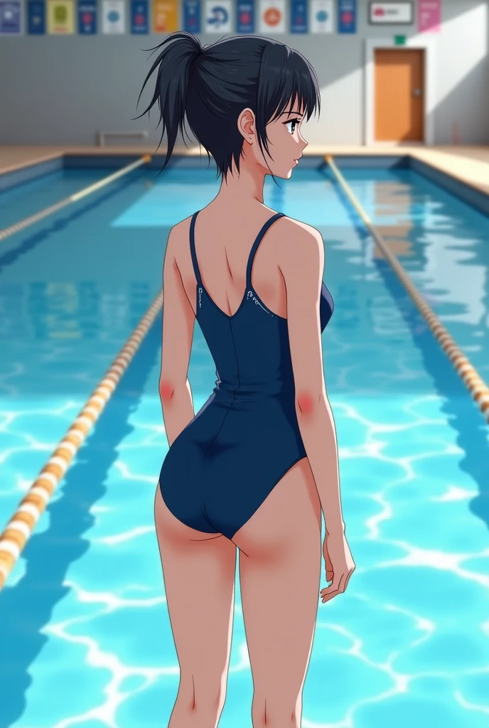 A 37-year-old woman with brown hair in a ponytail and wearing a competitive swimsuit, and her elementary school-aged daughter, indoor pool