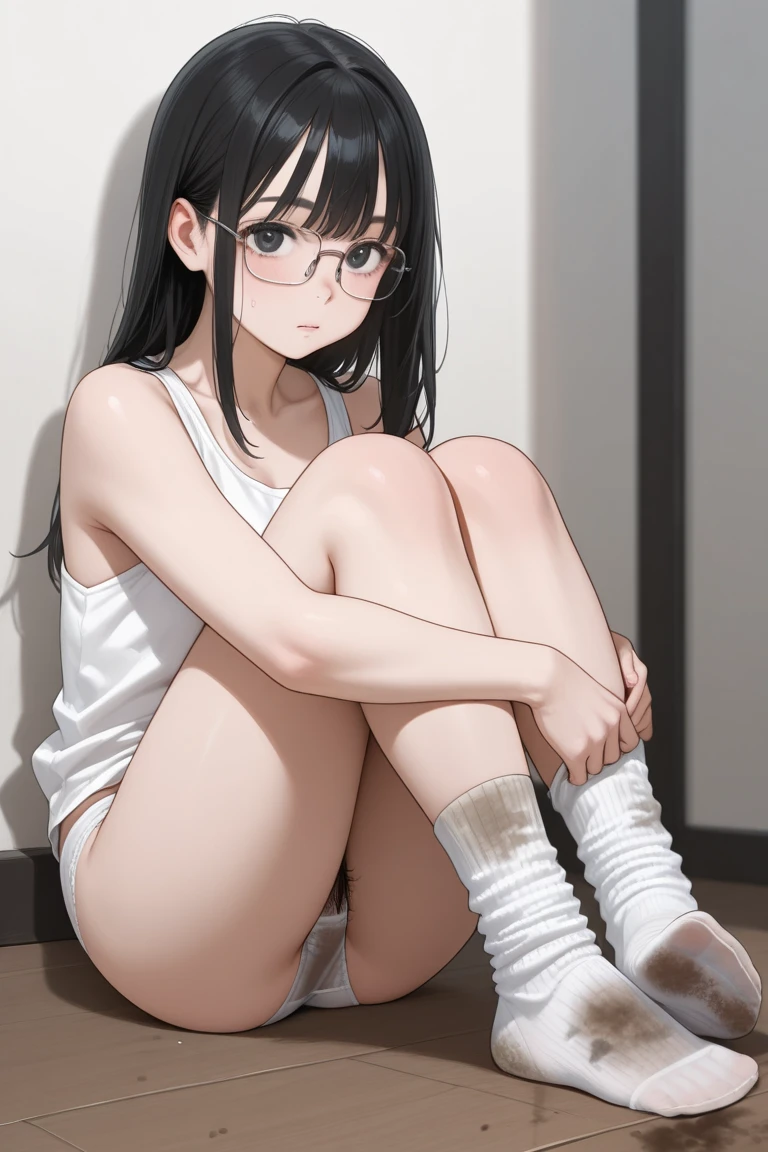 masterpiece, best quality,multiple 、 hair ornament, ponytail, hairclip, eyes, bandana, striped, short hair, shorts, long hair,looking at viewer, hug, shirt、Nipples、Sit down and spread your legs wide((naked))((Male organ))、Bikini pants、Show your ass、Glasses、Very small breasts、Cream Pie、Crying in tears、skinny