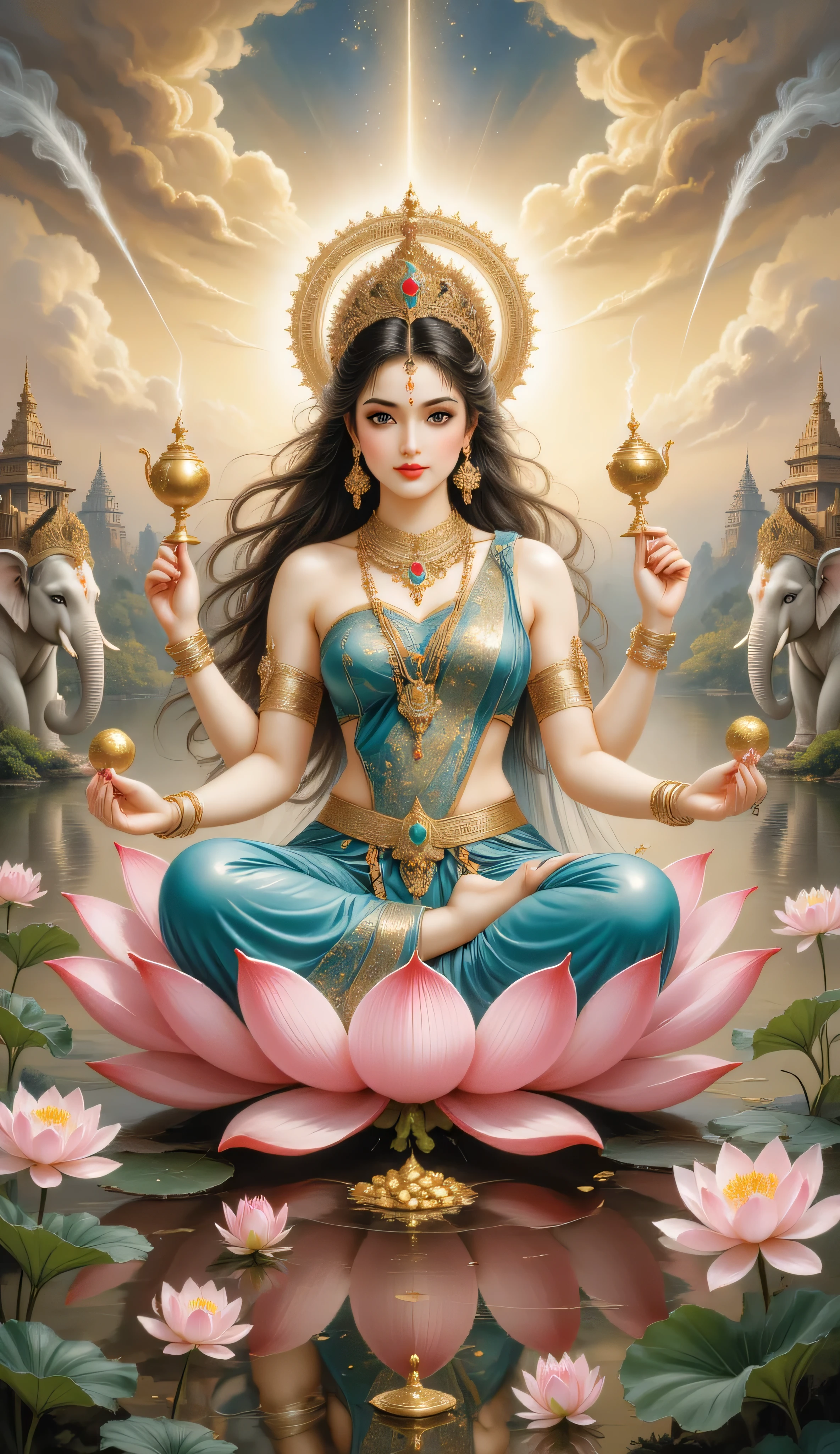 A divine and radiant portrait of Goddess Lakshmi seated gracefully on a large blooming pink lotus floating on a calm, shimmering lake under the golden light of a heavenly sunrise, surrounded by softly glowing lotuses and ethereal sparkles. She has four arms, each gracefully holding symbolic items — a golden pot overflowing with gold coins, a lotus flower, a mudra of blessings, and an ancient scroll symbolizing wisdom. Her skin glows with a soft golden hue, and her serene face radiates beauty, compassion, and divine grace.
Her long, flowing black hair is adorned with delicate gold jewelry, jeweled headpiece, and fragrant flowers. She wears an intricately designed sky blue and gold silk saree that sparkles with divine light and has golden embroidery of sacred symbols. Her crown is encrusted with rubies, emeralds, and diamonds, glowing softly.
Behind her, an ornate, golden halo glows with cosmic energy, and two white elephants spray sacred water from jewel-encrusted vessels in a gentle arc. The background features a softly lit celestial landscape with temple silhouettes, glowing clouds, and divine light beams descending from the heavens.
Hyper-realistic detail, ultra-HD, 8K quality, fantasy divine style, highly polished, soft glow lighting, perfect symmetry, magical atmosphere, rich golden tones, watercolor and oil painting blend, vibrant color palette, mythological art masterpiece, majestic and ethereal presence.