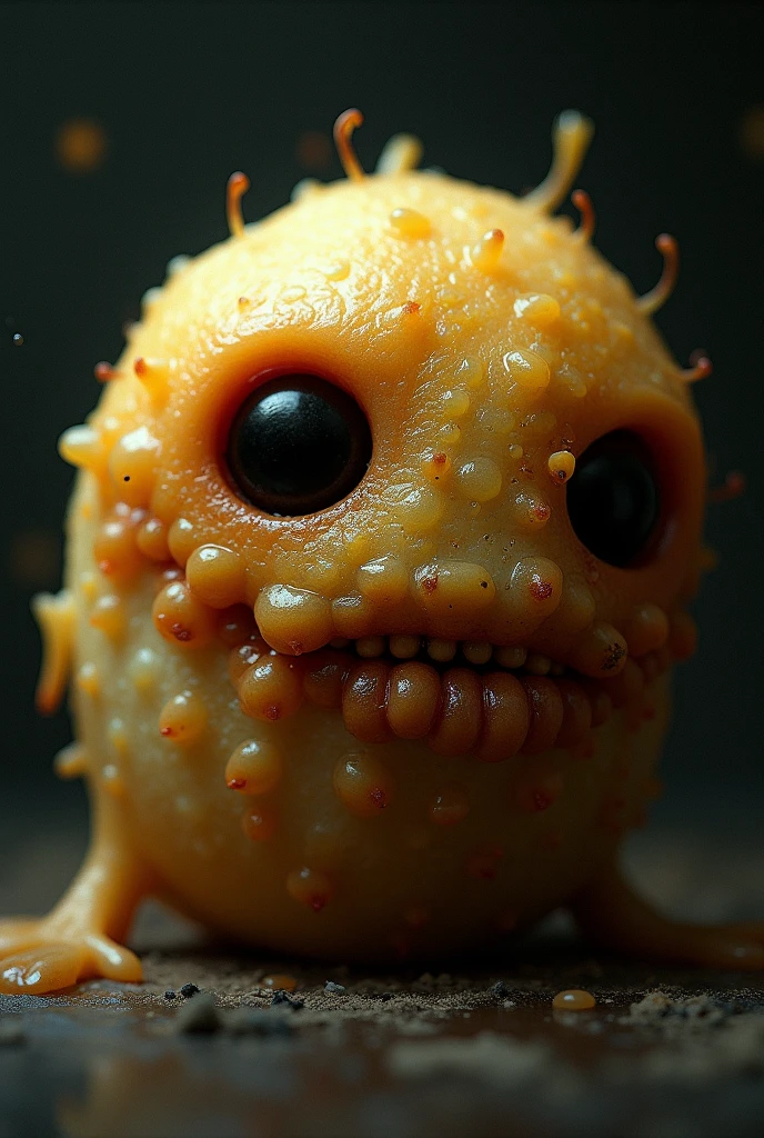 Pacman realistic photograph analog, monstrous with jelly respect, glossy, dripping leaking yellowish liquid while chomping a ghost, eyes dropped on the floor all around