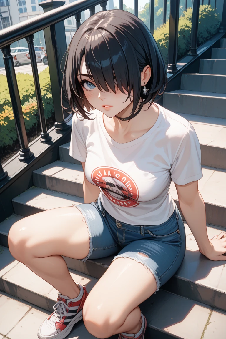 1girl, short black hair, blue eyes, wearing plain black shirt, denim shorts, city, absurdres, high res, ultrasharp, 8K, masterpiece, looking at viewer