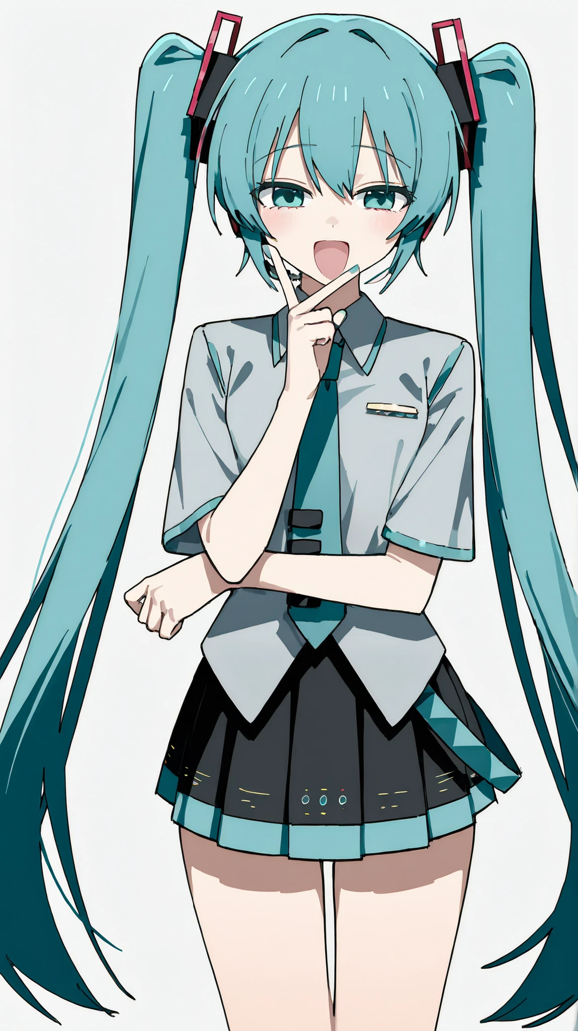 Hatsune Miku, very long hair, twintails, look over here、Charming Gesture 、Make your eyes slightly narrower、1 person、 open your mouth and smile、happy expression、Channel style、Channel style、high image quality、describe the facial features well、above thigh、has clear outlines, and、It is a balance of deformed flavors that are simple yet stand out for their individuality。The use of colors is closer to pastels、The color saturation is high、style that makes it easy to visually convey the character's personality、The way the eyes and hairstyles are drawn is anime-like、Long arms、is tall、tall、Tall、tall、uniform、miniskirt