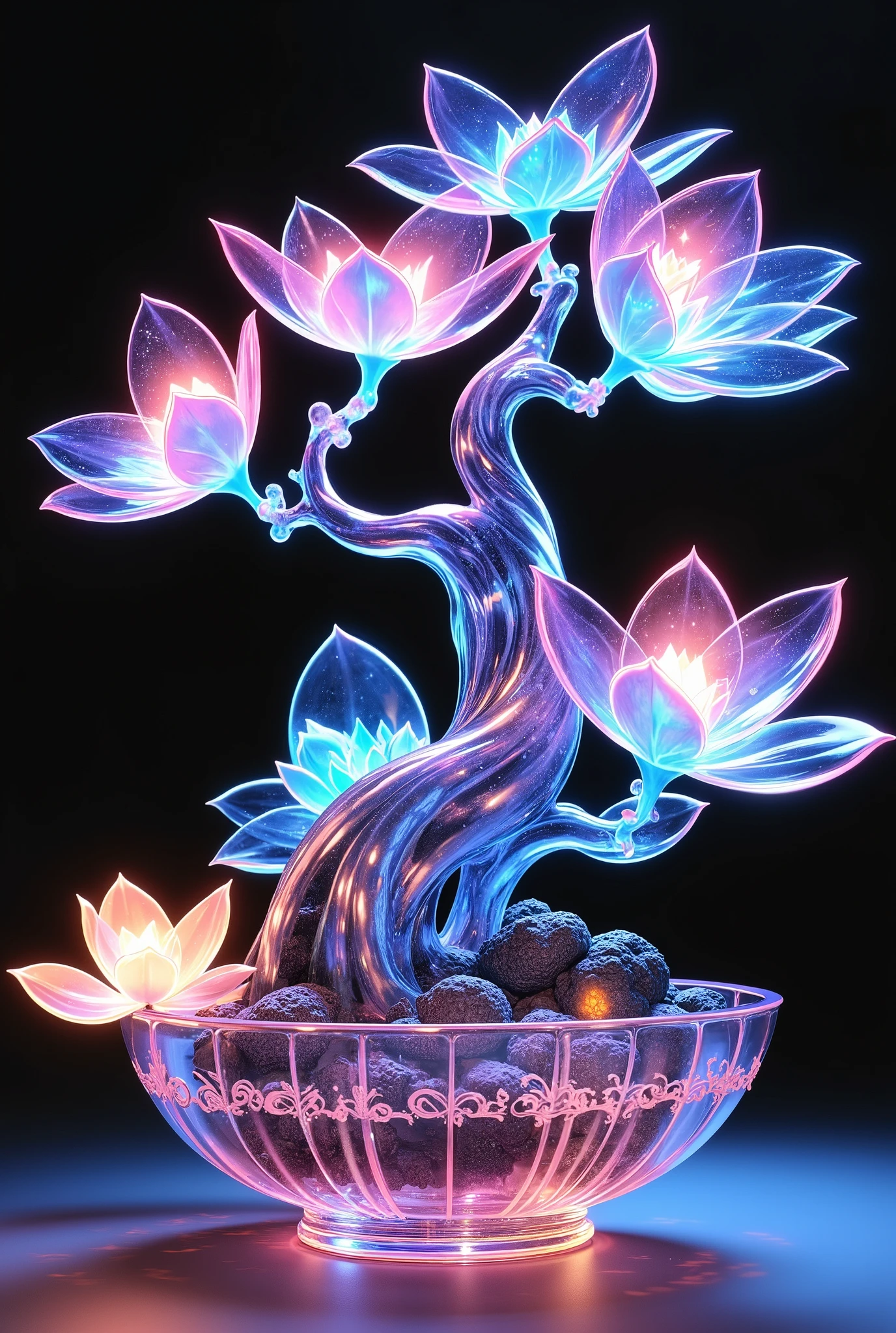 glass, 半透明のクリスタルglass製品, Shining cherry blossoms, glassの盆栽, Miniature Art, Superior quality, 4k, Super Fine, Realistic As Pictured, professional, Bokeh, vibrant colors, Physically Based Rendering, extreme details, glassの桜の盆栽, beautiful flowers , 光り輝くglass, Miniature Art, クリスタルglass製品, Elegant Composition, delicate texture, Fantastic Atmosphere.