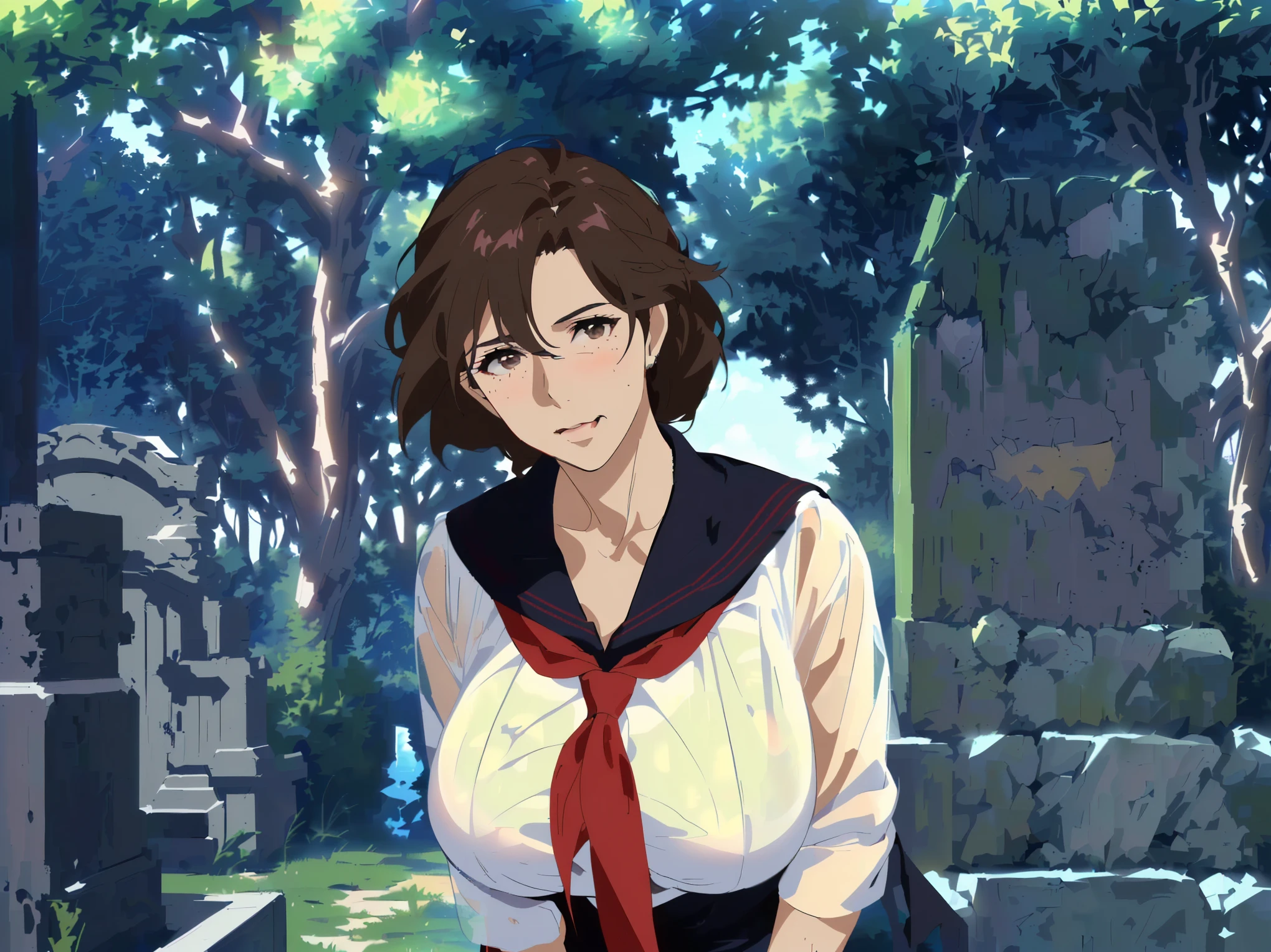 japanese graveyard anime scene in midsummer,(Extremely hot sunshine:1.3) best quality, bright、mature mom,, Quiet mature Mom , ((((Wrinkles Around His Eyes and Mouth :1.2))))、detailed face, brown hair, Mesh Bang Hairstyle, brown eyes, (Big Breasts), shy and embarrassed mature mom, (((mature mom in tight and white sailor suit,See-through:1.5))),(Large dark areola:1.5） ,(red scarf with black nose:1.4)、 realistic high school mature mom , female protagonist 👀 :8, Bewitching Anime mature mom , Makoto Shinkai ( Apex Legends ), Fine details, a hyper realistic high school mature mom , charming anime mature mom,