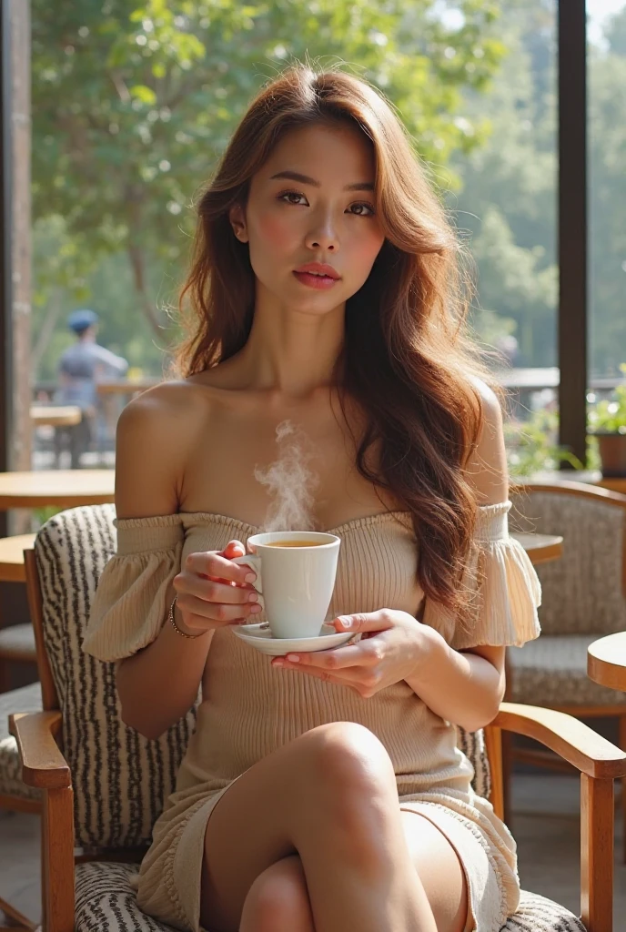 (((Long Pony tail, Wearing yellow off shoulder dress with hotpants))),(((sitting drinking coffee))),(((looking at viewer:1.5))),(((view full body))),(((Photographing a girl from) )),ulzzang-6500-v1.1, (Raw photo:1.2), (Photo realistic:1.4), a beautiful detailed girl, extremely detailed eye and face, detailed finger, beautiful detailed eyes, ultra-detailed, High resolution, top-quality, ​masterpiece, highly detailed, 8k wallpaper, Wonderful, finely detail, top-quality, Light on the face,电影灯光,1girl in,(Beautiful Glass House on Heavy Rain),Beautiful eyes,Teary eyes, smile,Opening Mouth