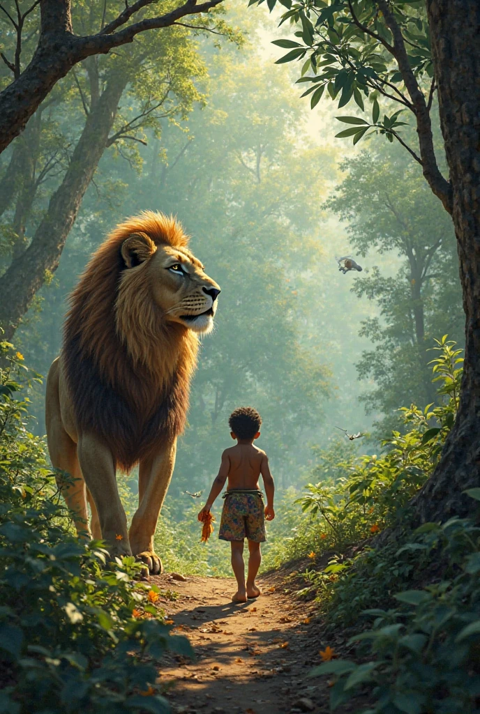 The lost explorer - (child), A stream with tadpoles and two lions 