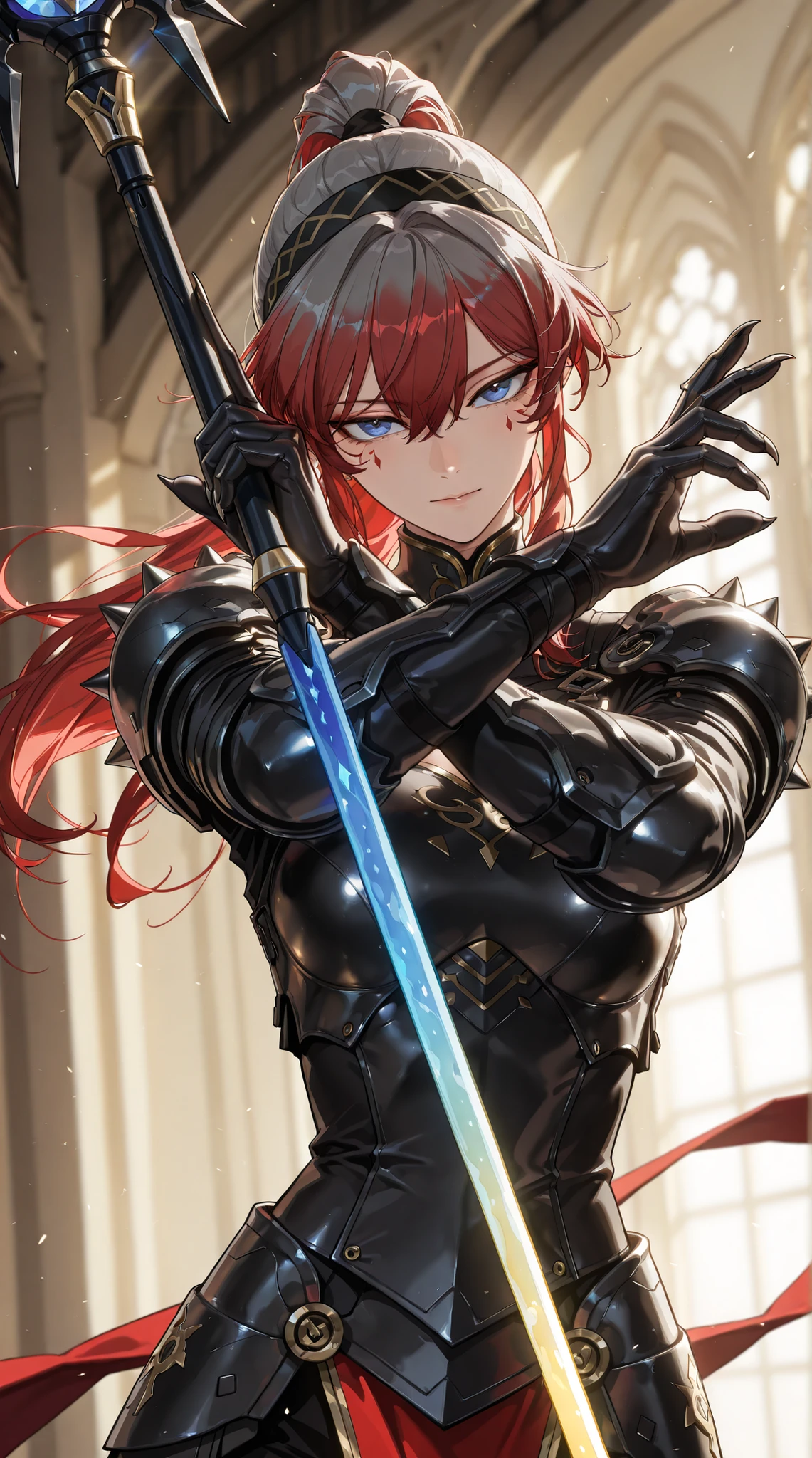 style of [Punishing Gray Raven|Inoitoh|(748cmstyle:0.48)], god rays, vivid colours, light stream, colour splotches, cinematic shot, mature, young adult, masterpiece, best quality, amazing quality, very aesthetic, high resolution, ultra-detailed, absurdres, (hands:-0.15),
(1girl, young adult, female:0.95), solo, alone,(dynamic pose, upper body focus, looking at viewer, dutch angle, three quarter view, close up, cowboy shot:1.2), facial tattoo, facial mark, blue eyes, long hair, grey hair, black hair, hair between eyes, yinlinx, red hair, ponytail, hairband, sword staff, magical staff sword, demonic armor, spiked armor, cloth, head tilt, tsurime, seductive pose, clawed fingers, webtoon, manwha,
BREAK, depth of field, volumetric lighting
 