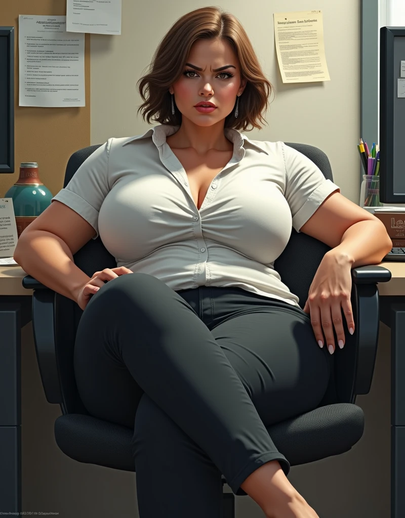 Christina Hendricks, in a 1960's office, office cubicles in background, wearing secretary outfit, very tight outfit, very tight business outfit,